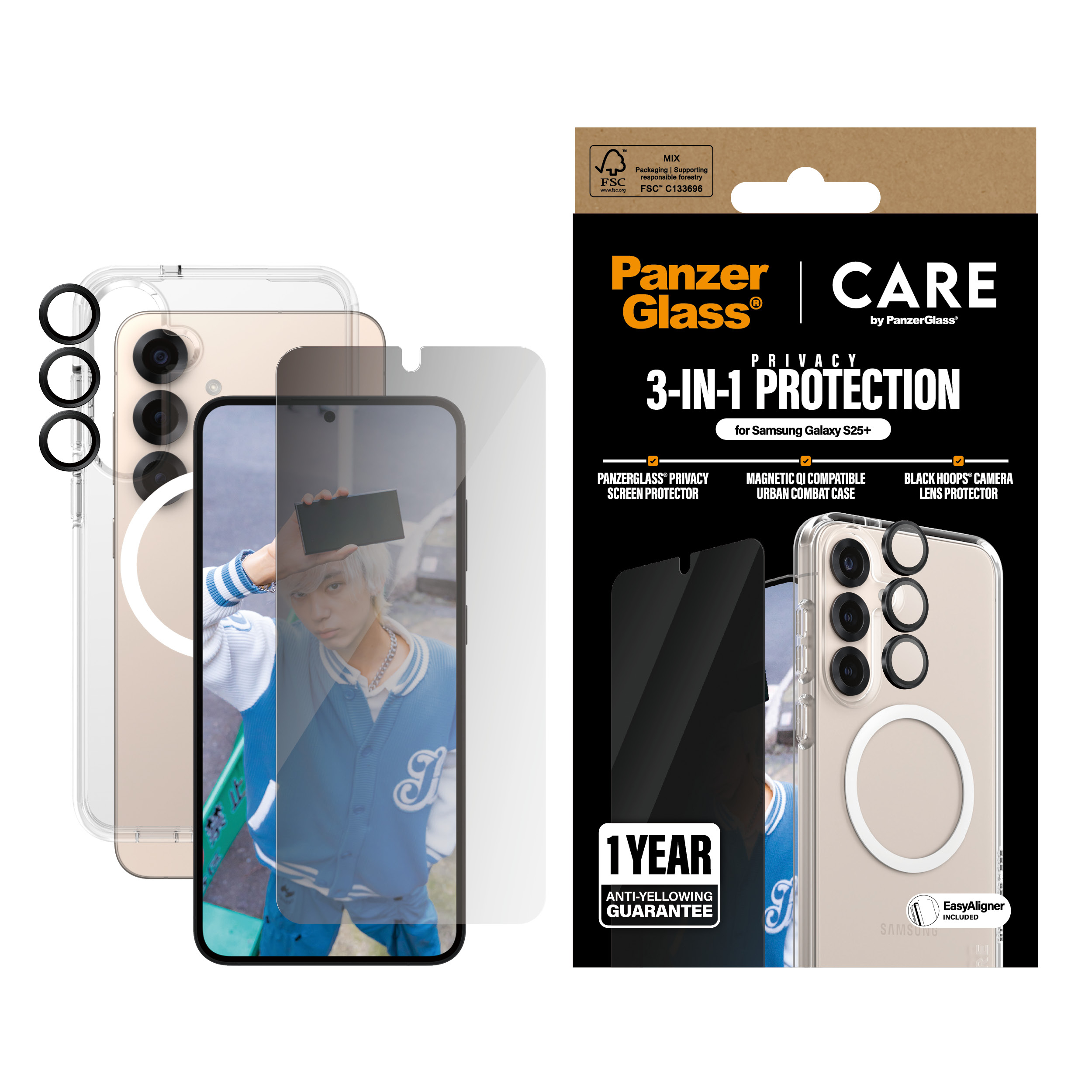 Ekran koruyucu, kamera lens koruyucu ve ürünleri gösteren bir kutu ile akıllı telefon.