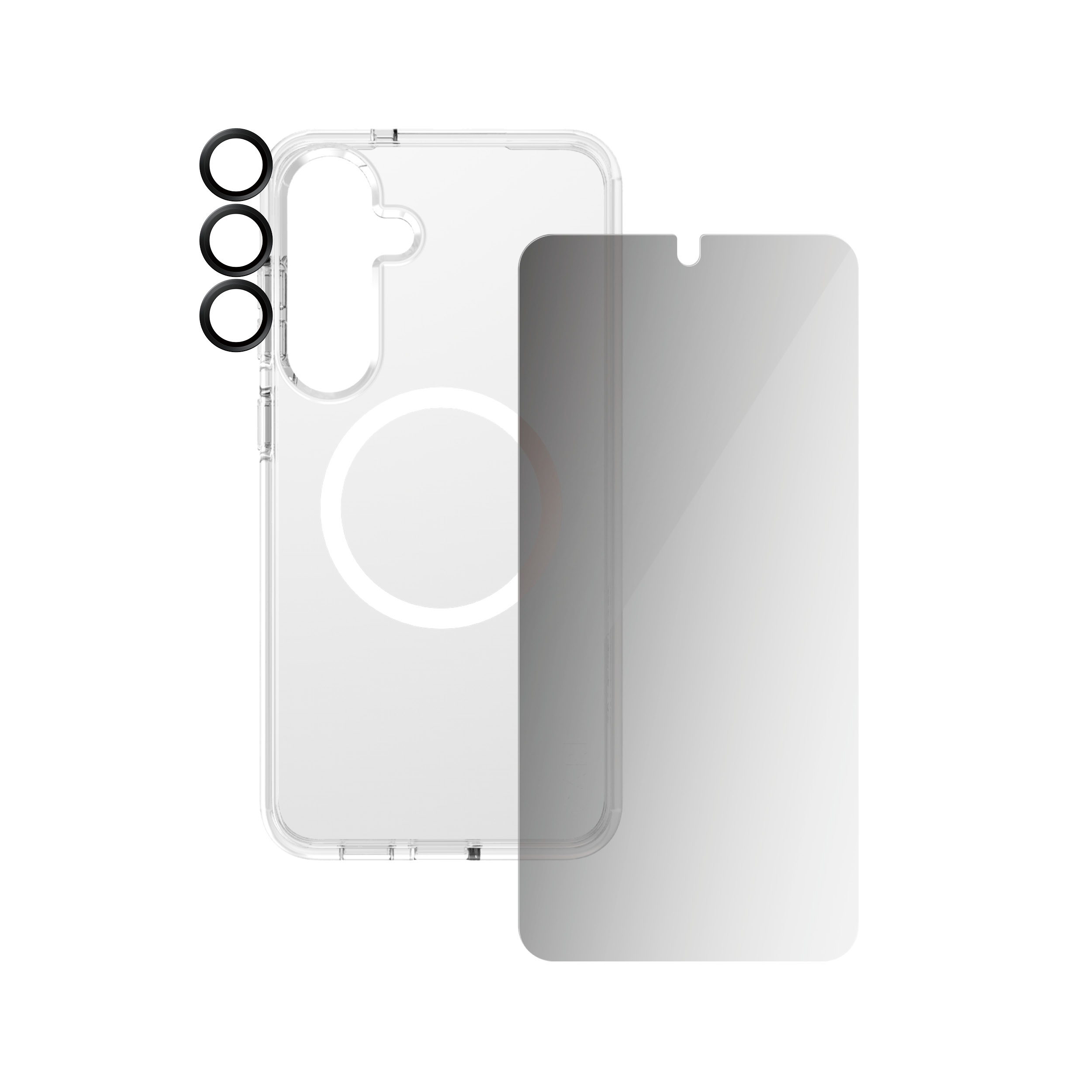 Şeffaf telefon kılıfı, kamera lens koruyucuları ve ekran koruyucu. Hepsi bir telefon için.