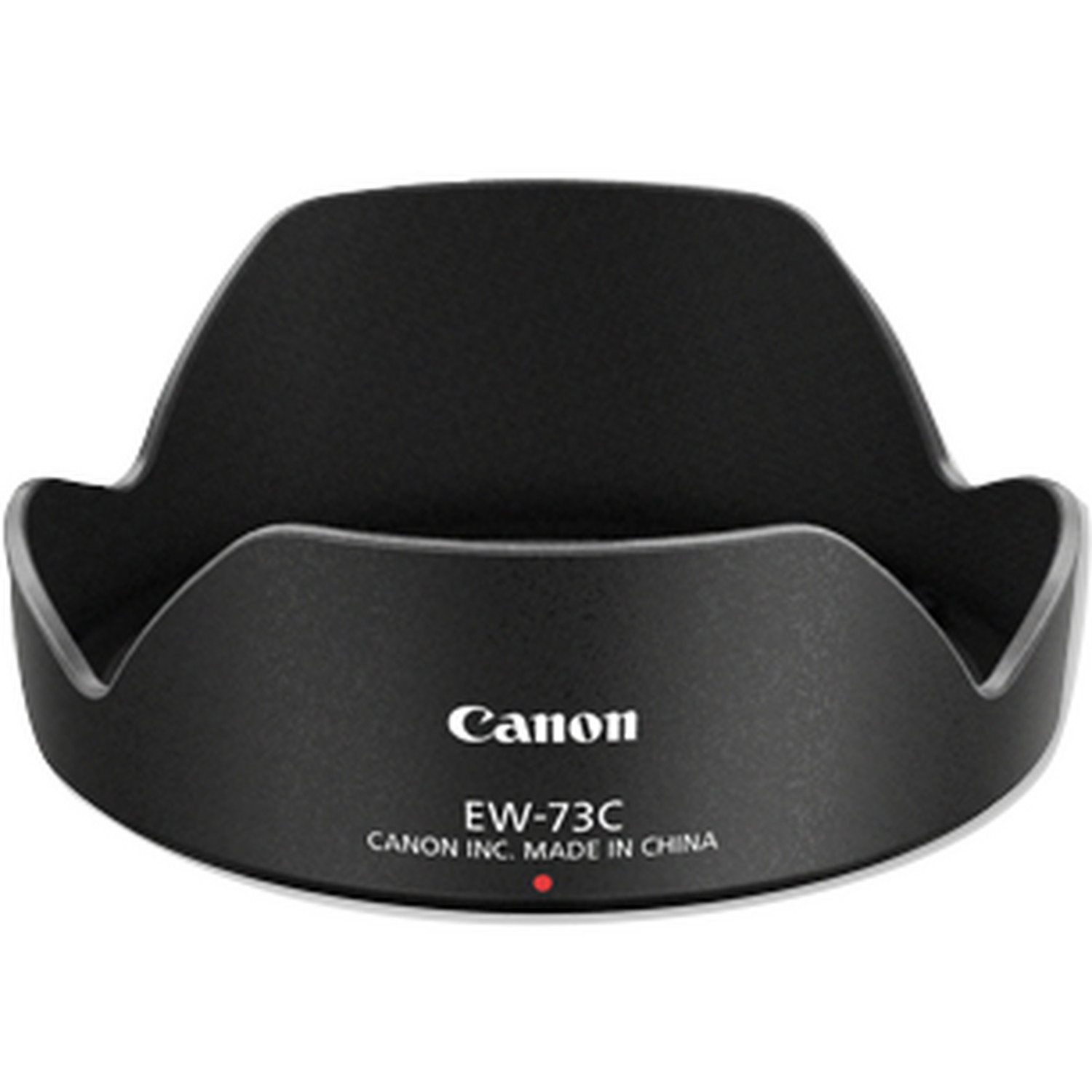 Schwarze Canon-Objektiv-Gegenlichtblende, Modell EW-73C, mit weißem Text und rotem Punkt.