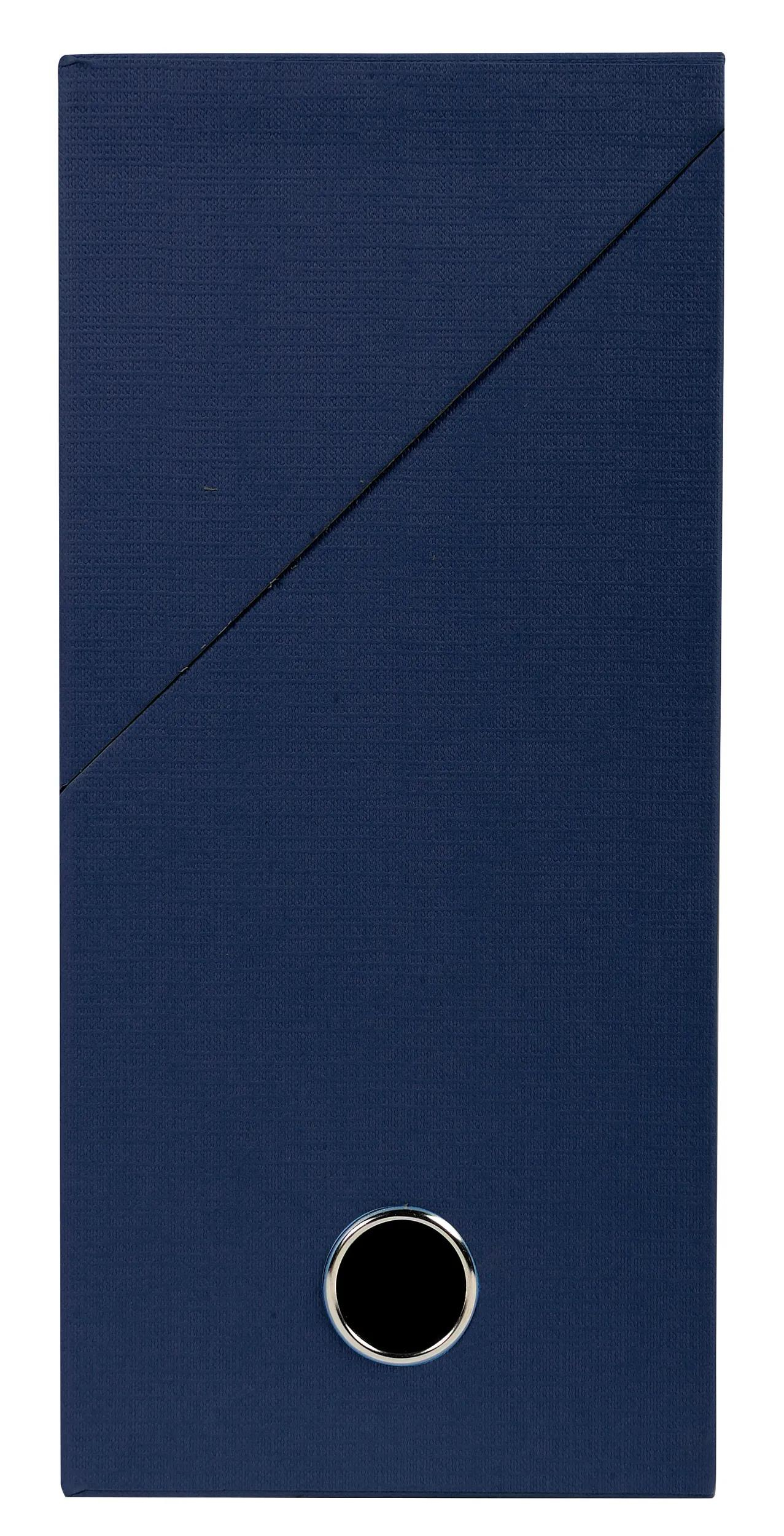 Ciemnoniebieskie pudełko na pliki z ukośnym cięciem i otworem.