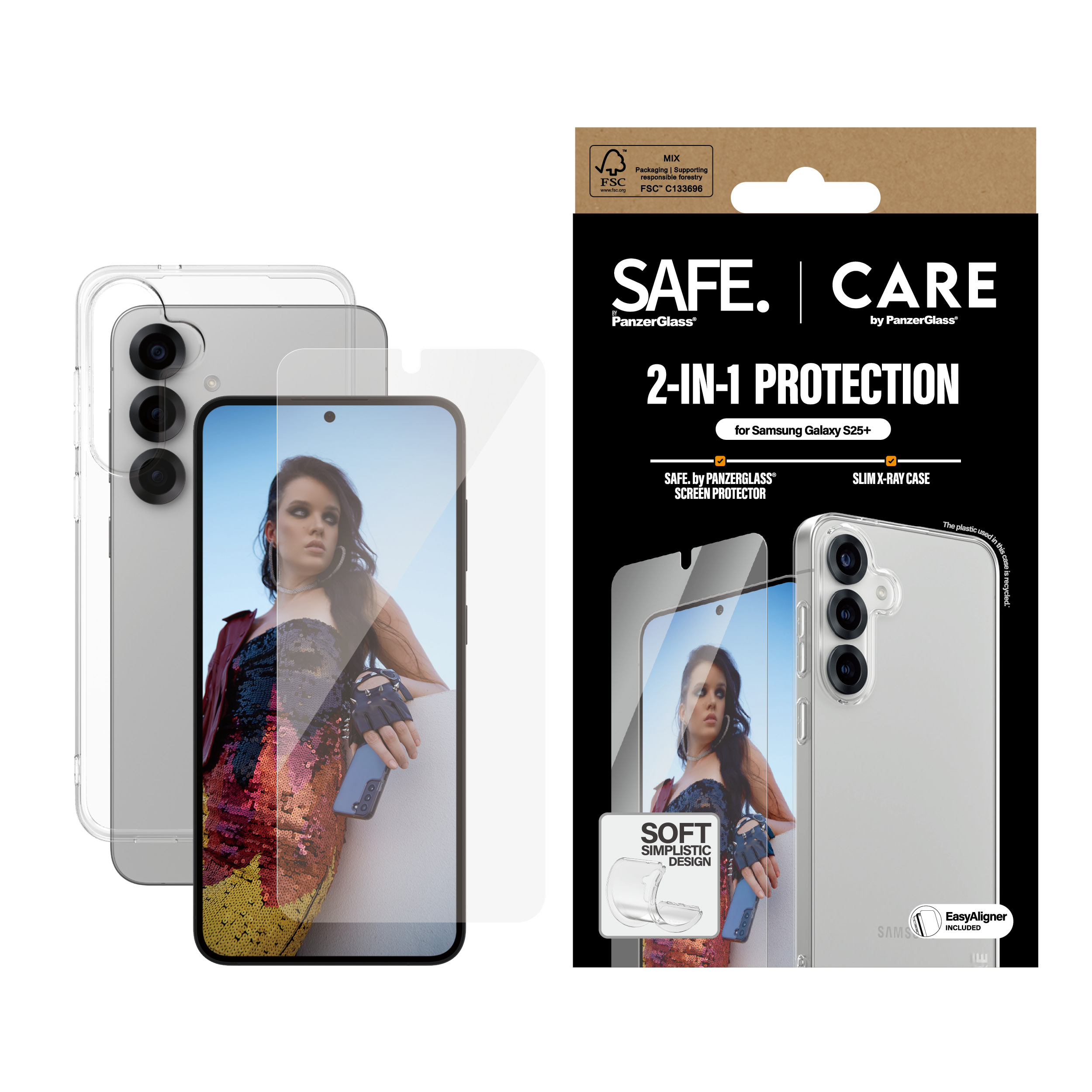 Confezione prodotto: custodia e protezione schermo per Samsung Galaxy S23+. Donna sullo schermo.