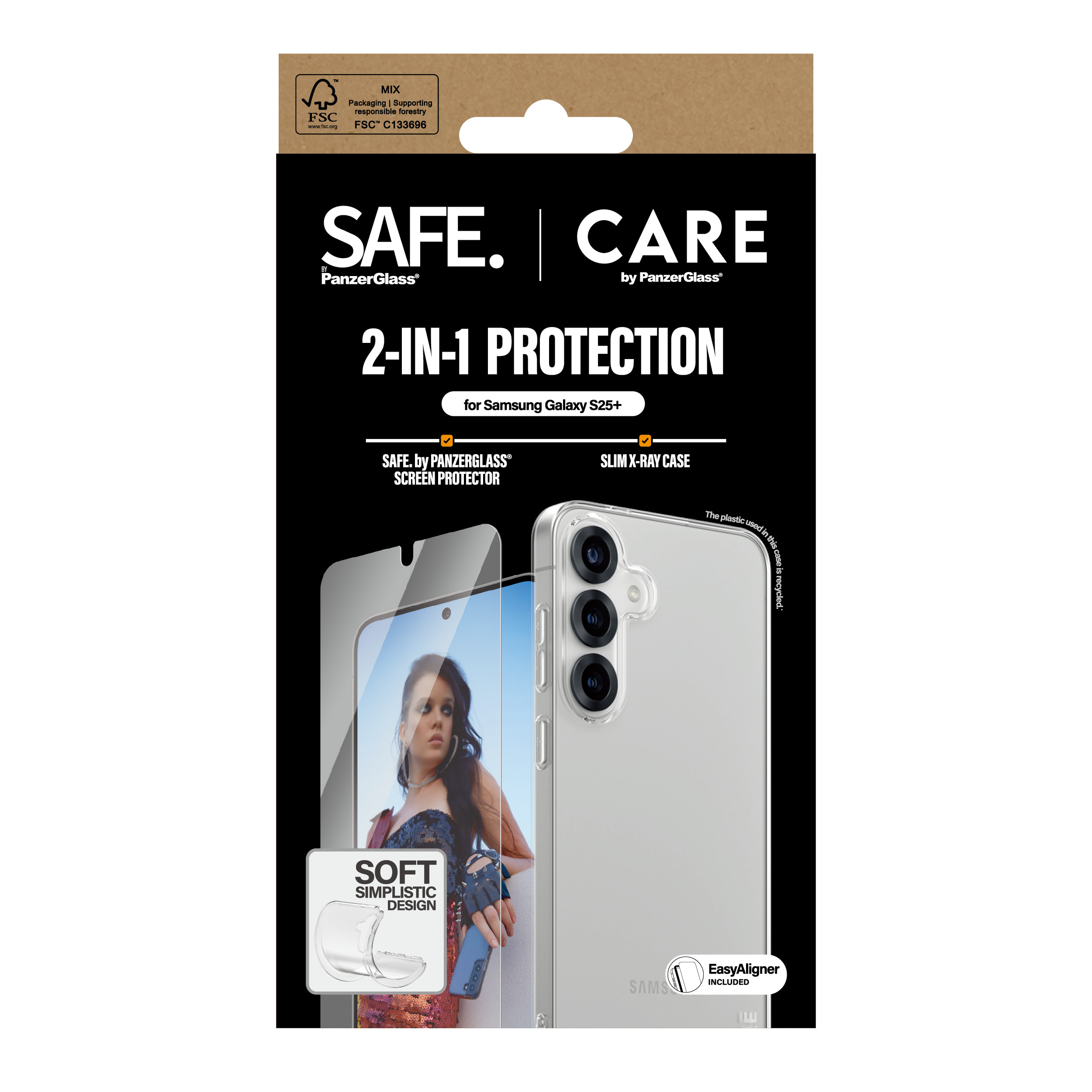 Una confezione di telefono e protezione schermo con un modello sulla confezione, sfondo bianco.