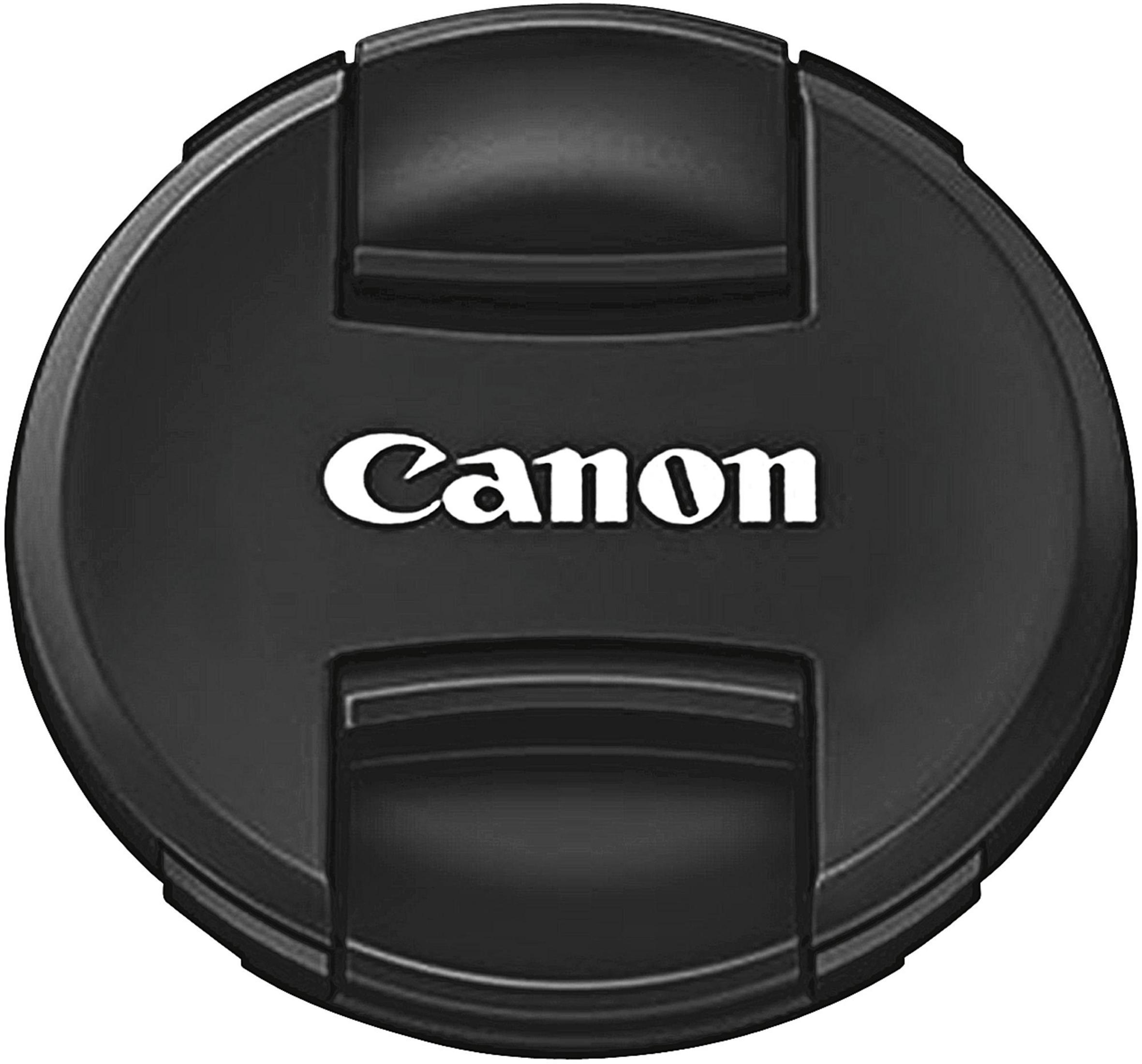 Czarna osłona obiektywu Canon z białym napisem Canon. Osłona ma okrągły kształt.