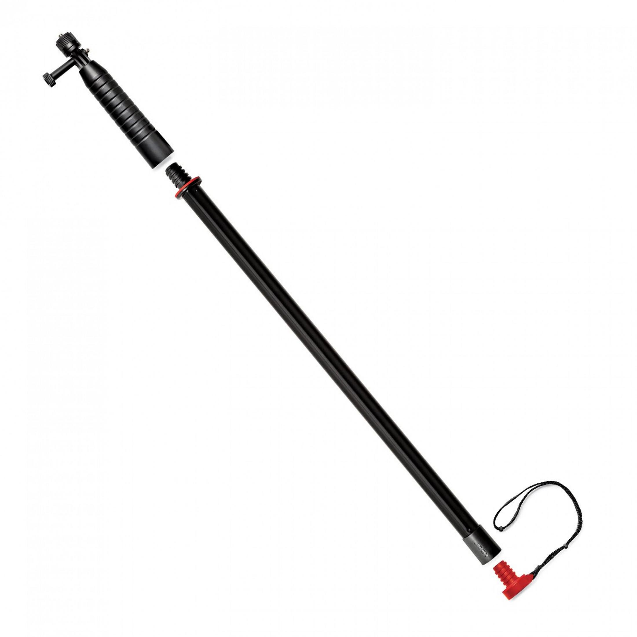 Selfie stick nero esteso. Ha un'impugnatura, un supporto per telefono e un cinturino rosso.