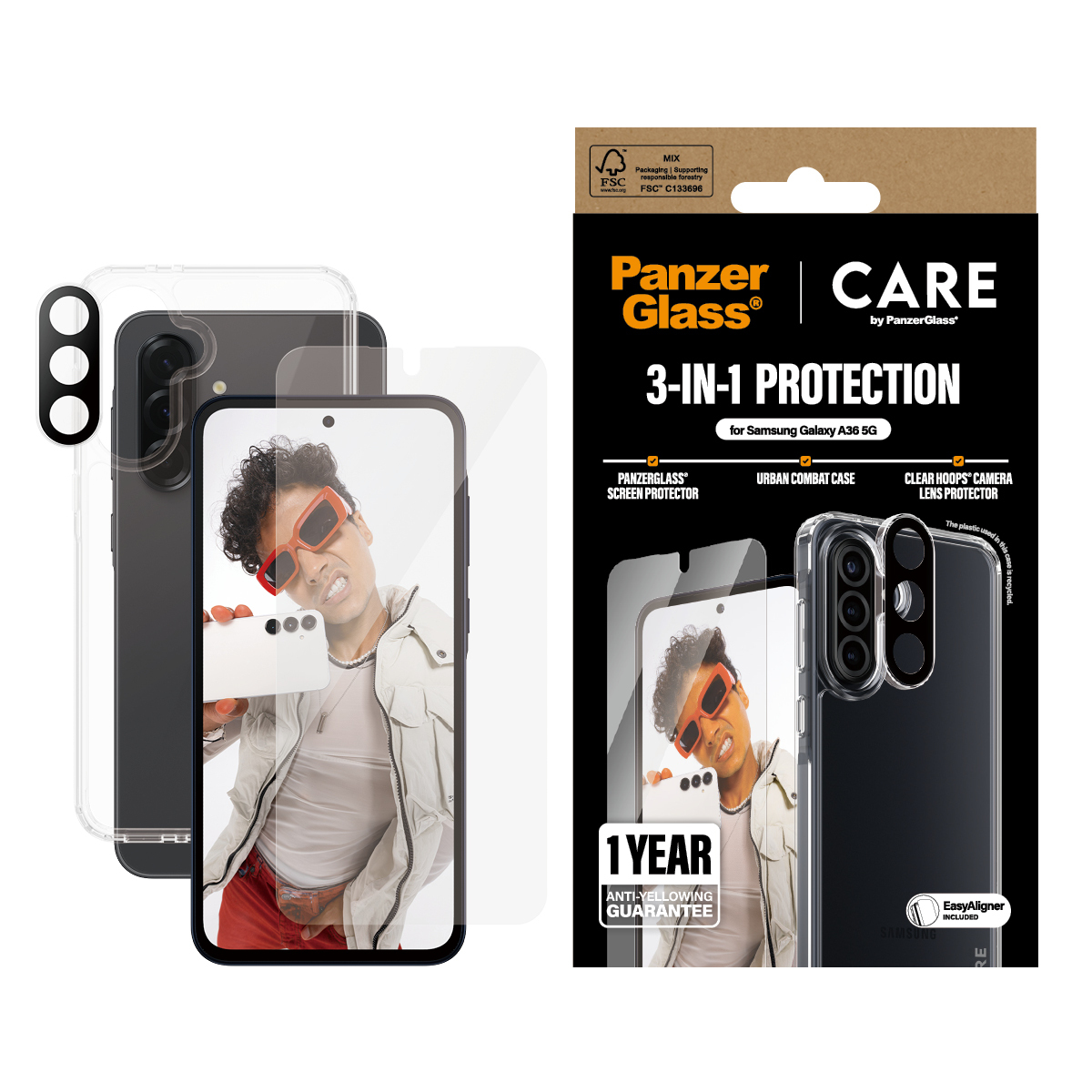 Telefono con protezione schermo e custodia, con una persona che indossa occhiali arancioni sullo schermo del telefono.