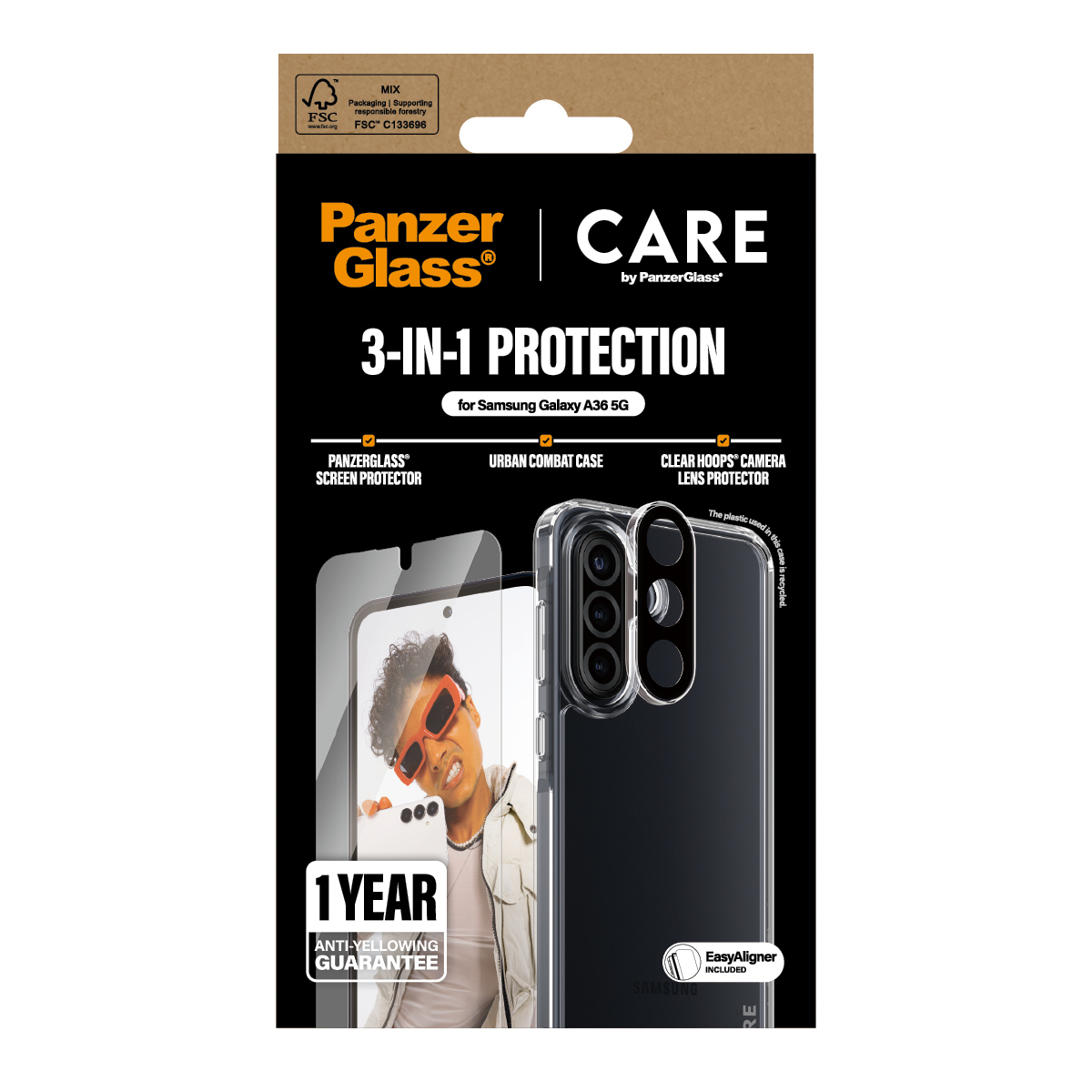 Confezione trasparente per custodia del telefono con telefono e persona con occhiali da sole.