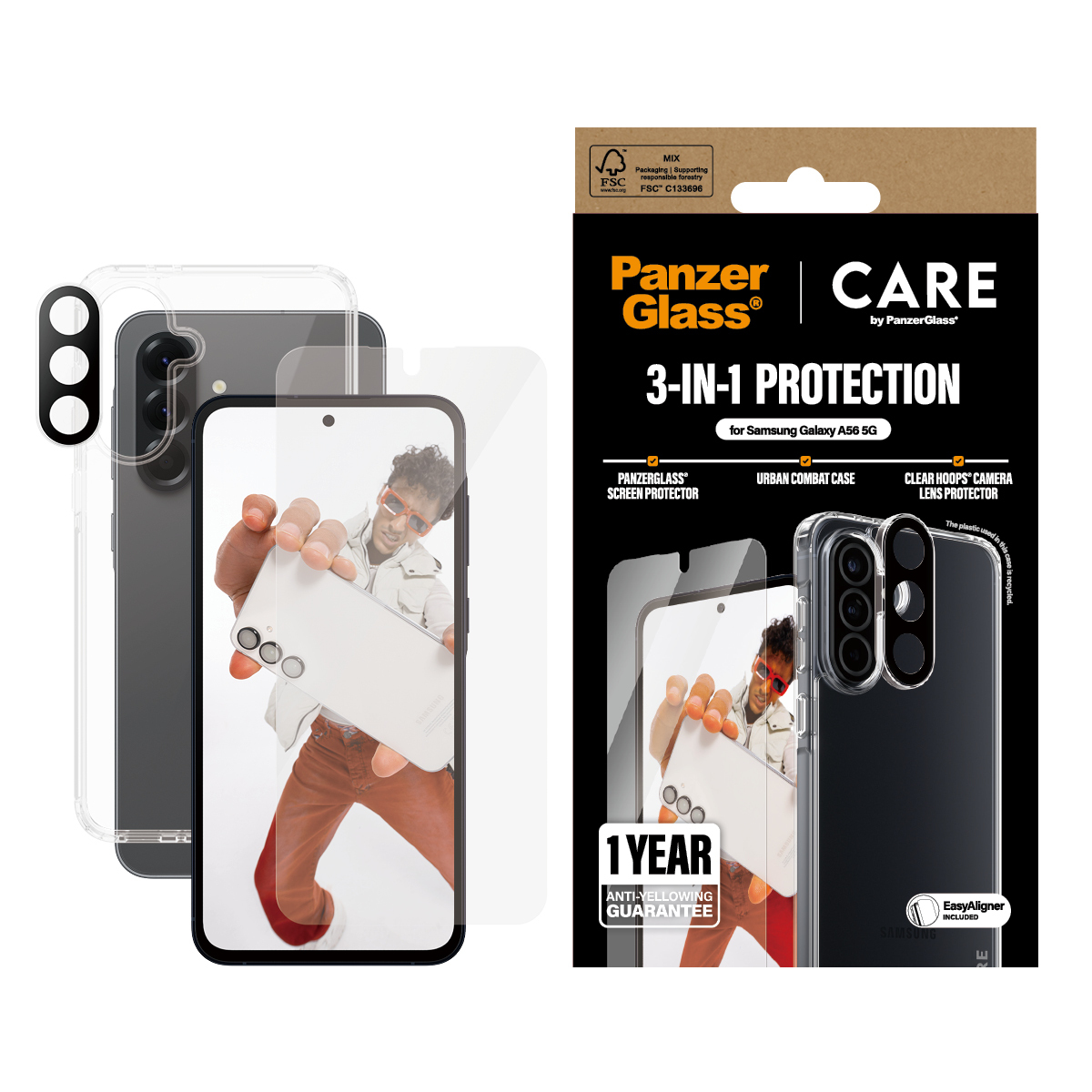 Telefono, protezione schermo e custodia per telefono. Un uomo è mostrato sullo schermo del telefono. Tutto su sfondo bianco.