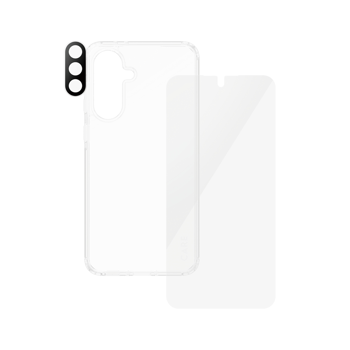 Un telefono, una protezione schermo e una protezione per l'obiettivo della fotocamera.