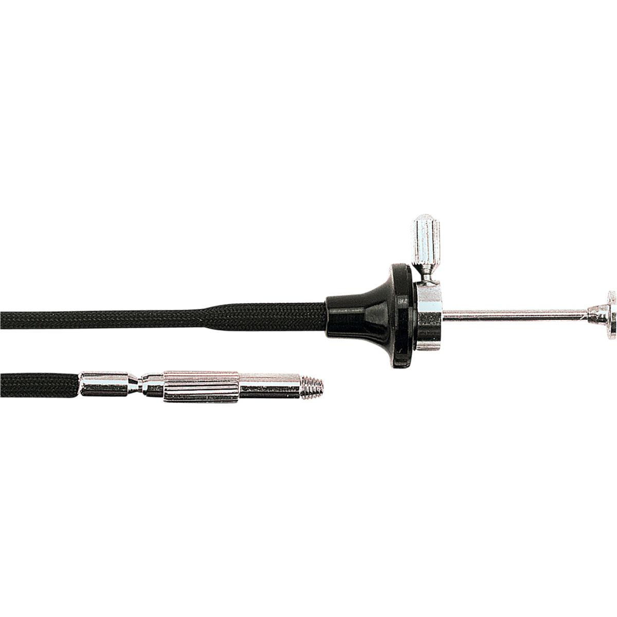 Czarny kabel spustu migawki aparatu. Ma spust żarówkowy i gwintowany koniec.