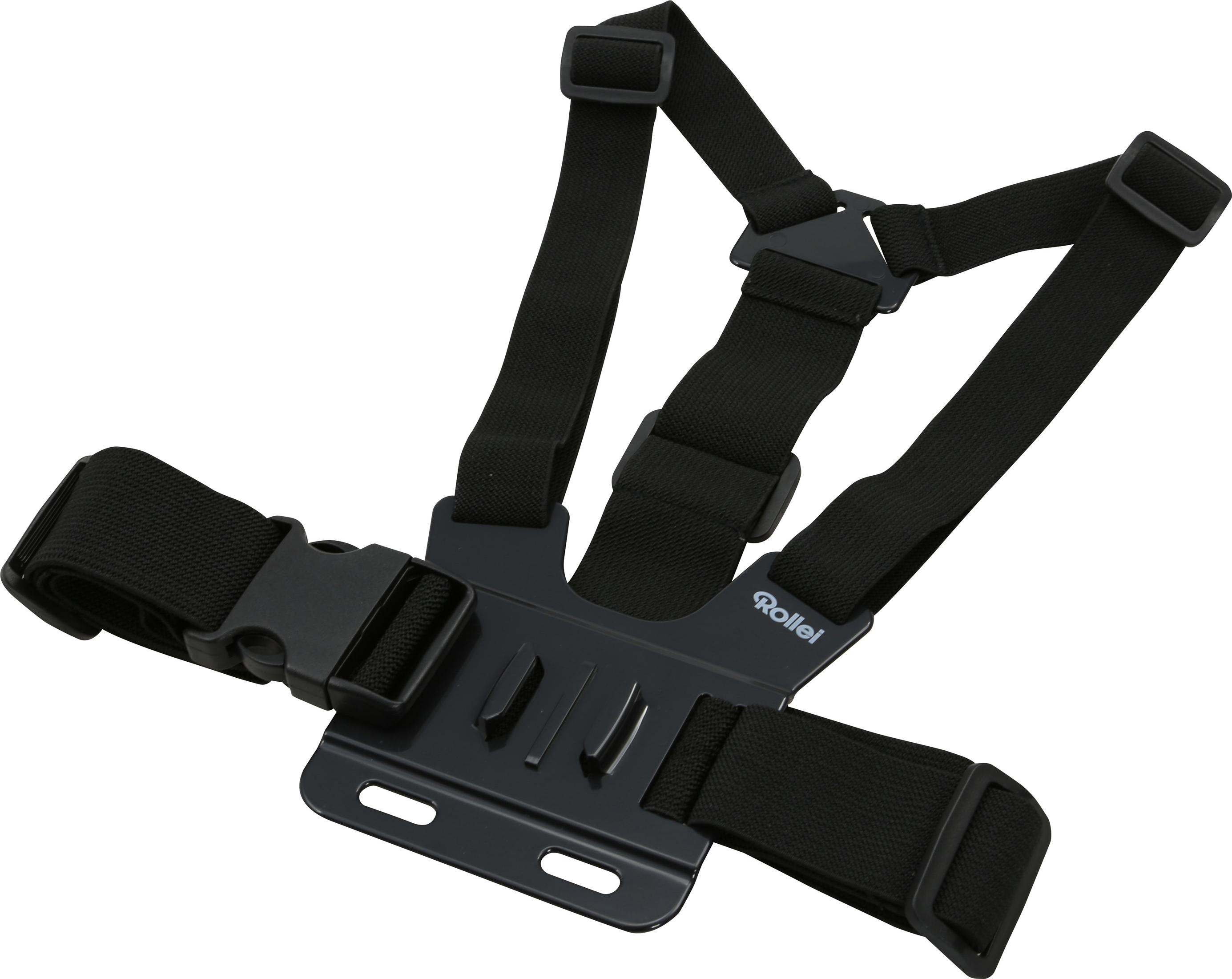 Czarny pas piersiowy do kamer sportowych, z regulowanymi paskami i klamrą.