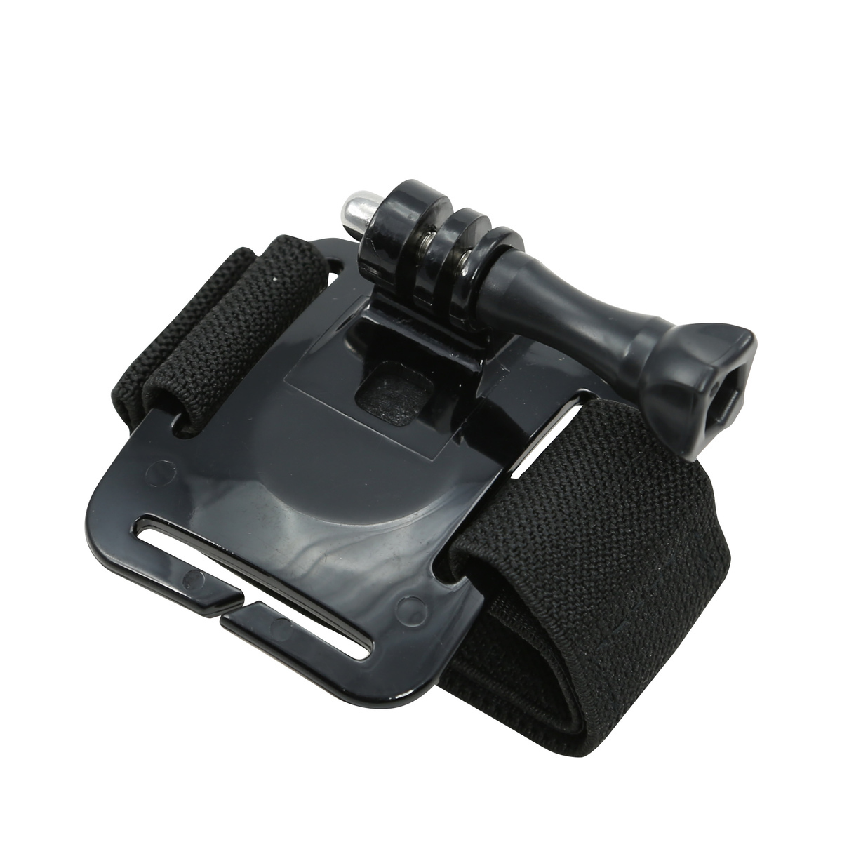 Czarny uchwyt na nadgarstek z czarnym mocowaniem kamery, przeznaczony do kamer sportowych.