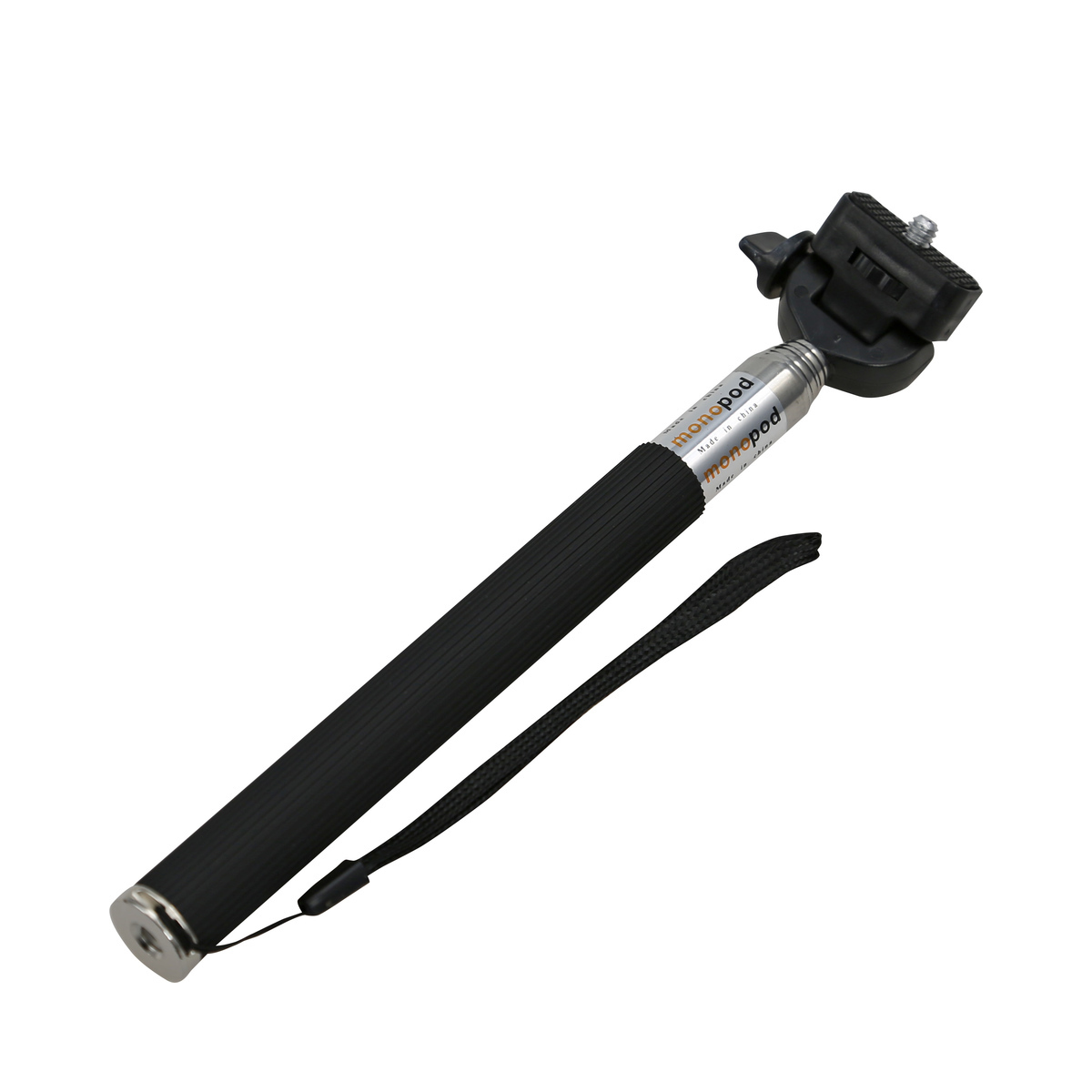 Czarny monopod z czarnym uchwytem i paskiem na nadgarstek, na białym tle.