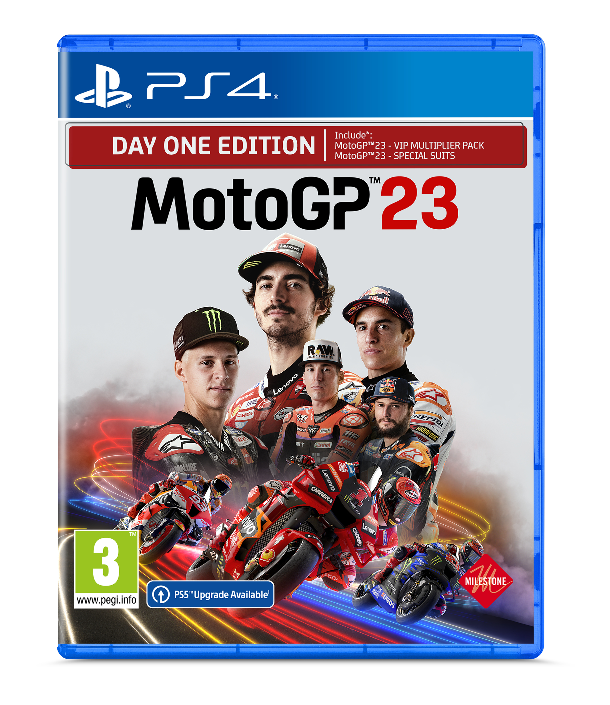 Pudełko z grą PS4 dla Moto GP 23. Ma wielu zawodników i motocykl na okładce. Niebieskie pudełko.