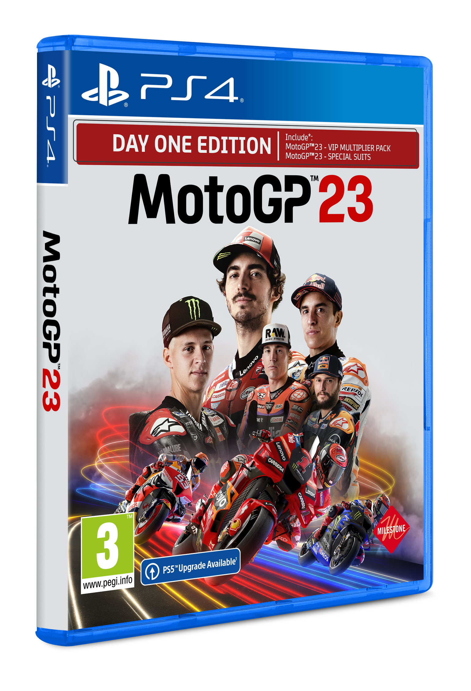 Pudełko z grą MotoGP 23 PS4, z zawodnikami i motocyklami. Okładka jest niebieska ze szczegółami gry.