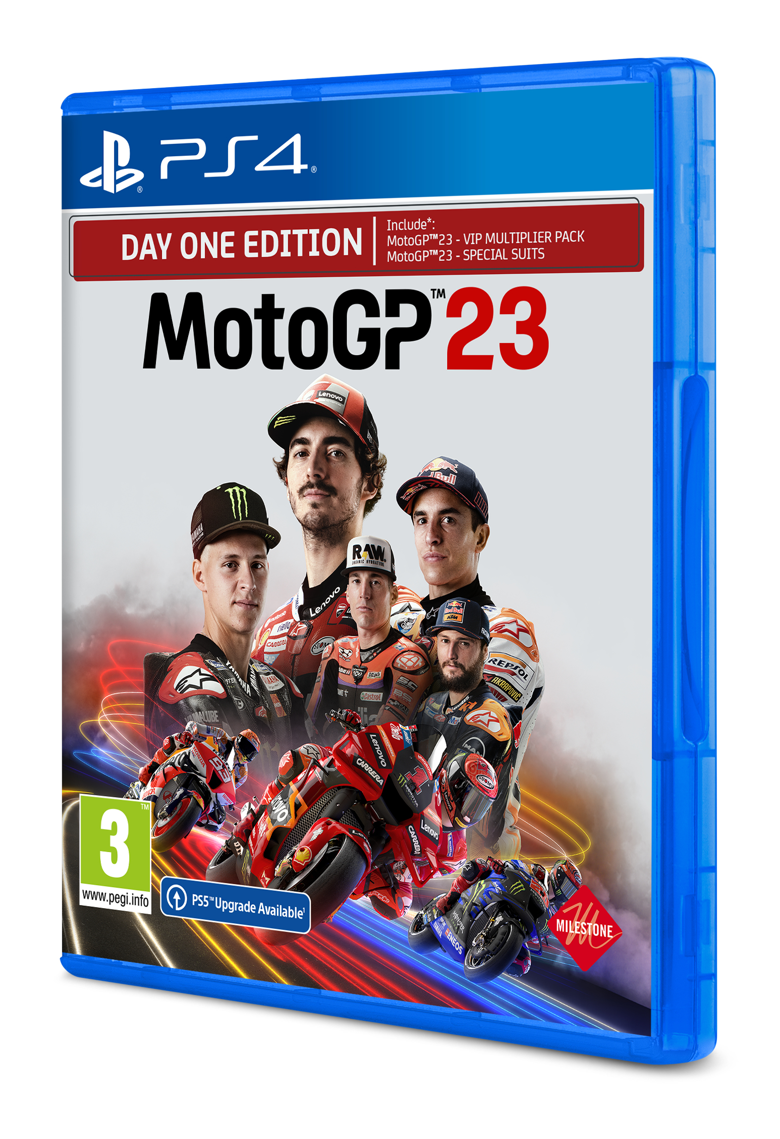 Pudełko gry PS4 dla MotoGP 23. Pudełko pokazuje tytuł gry, okładkę z zawodnikami i ocenę PEGI.