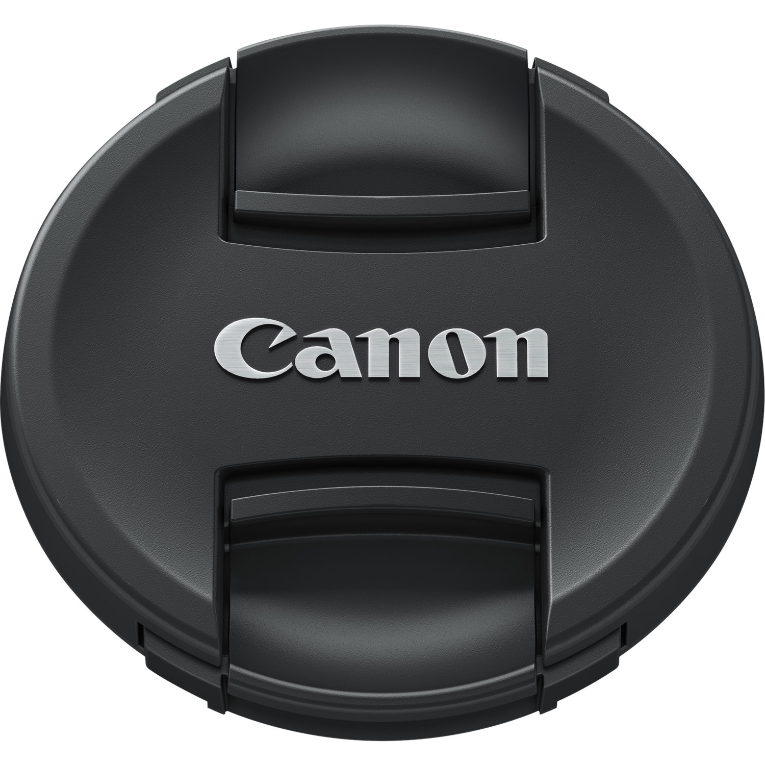 Schwarze Canon Objektivkappe mit silbernem Canon-Logo.