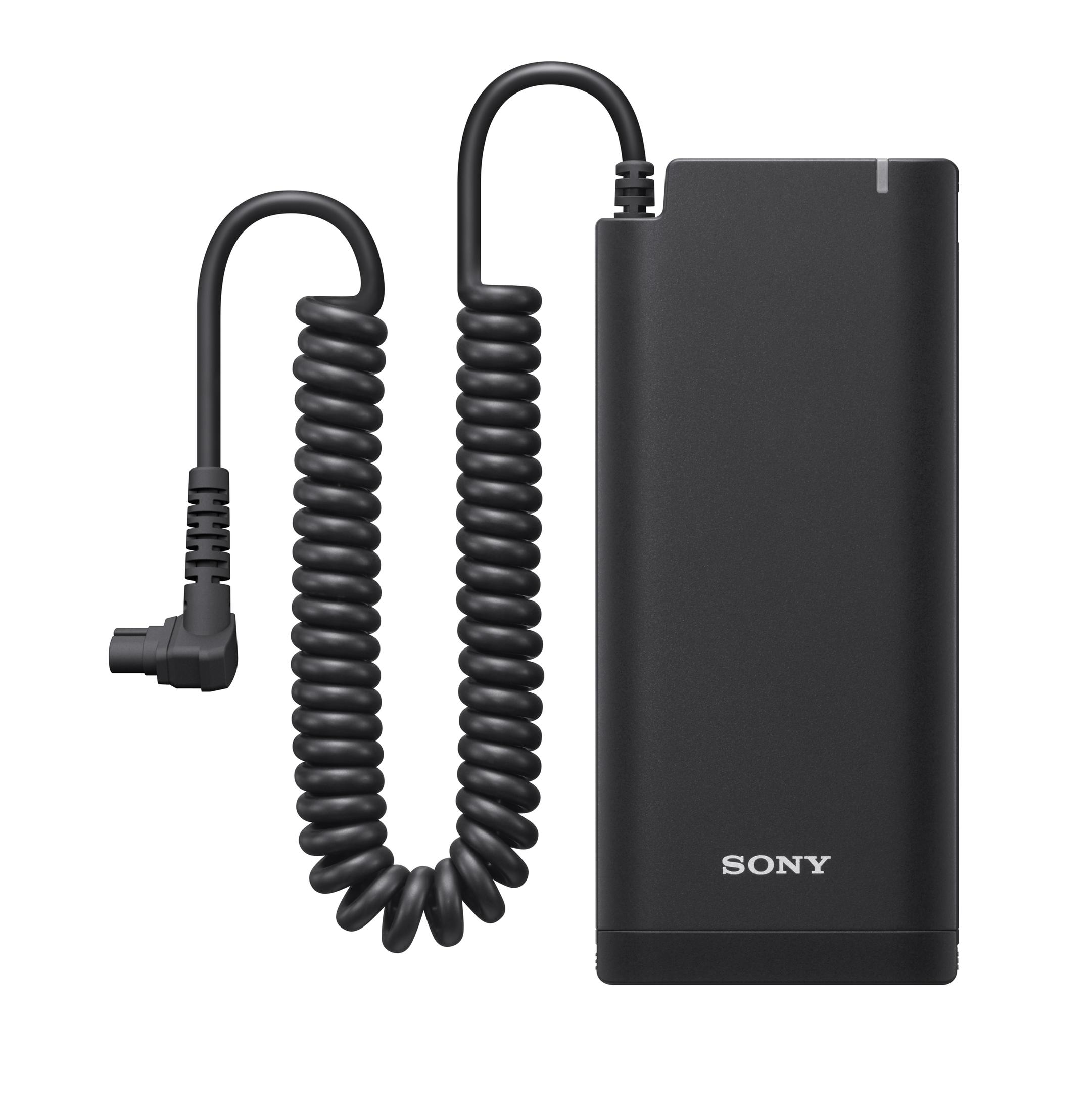Batteria per fotocamera Sony nera con cavo a spirale e connettore.