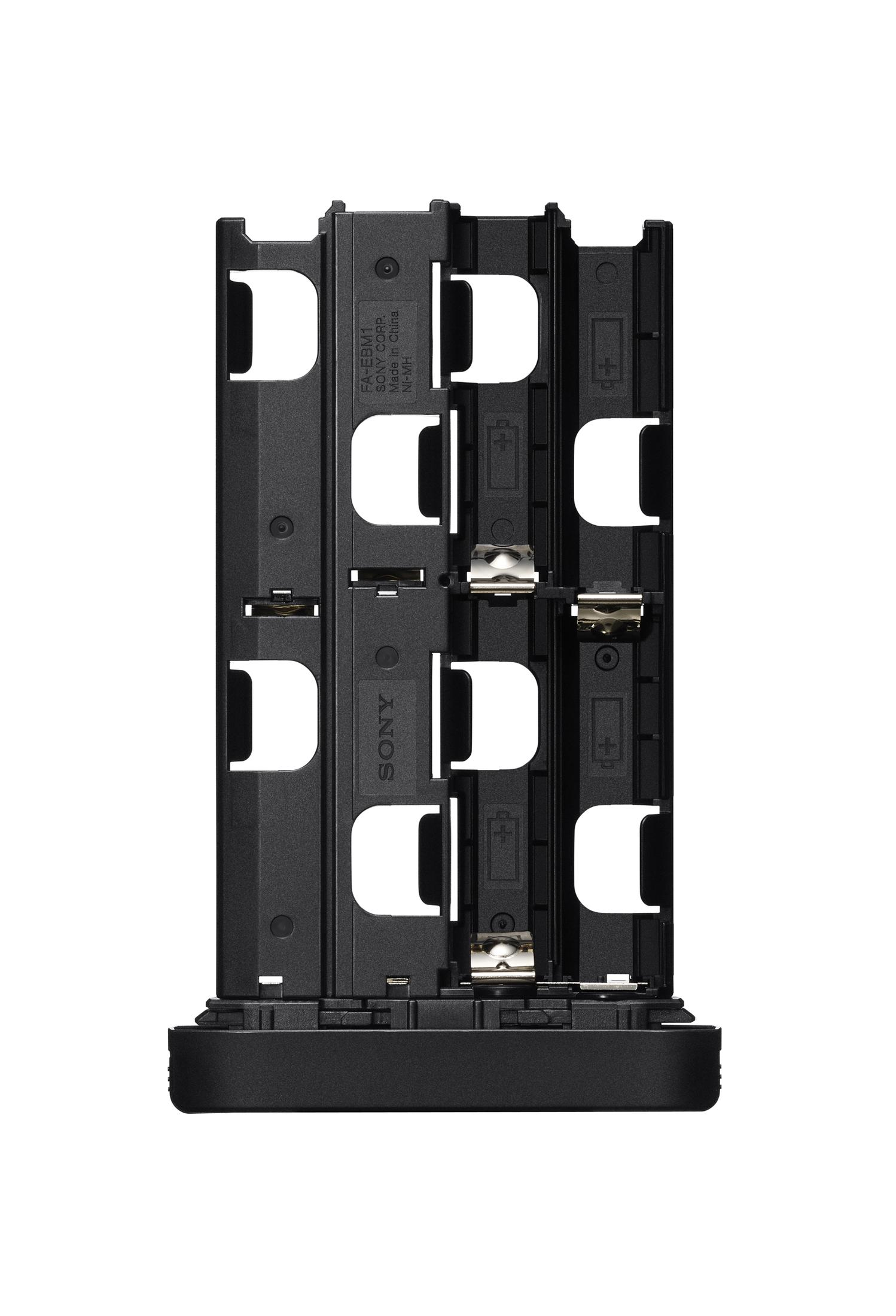 Portabatterie nero per batterie Sony. Con fessure e segni positivo/negativo.
