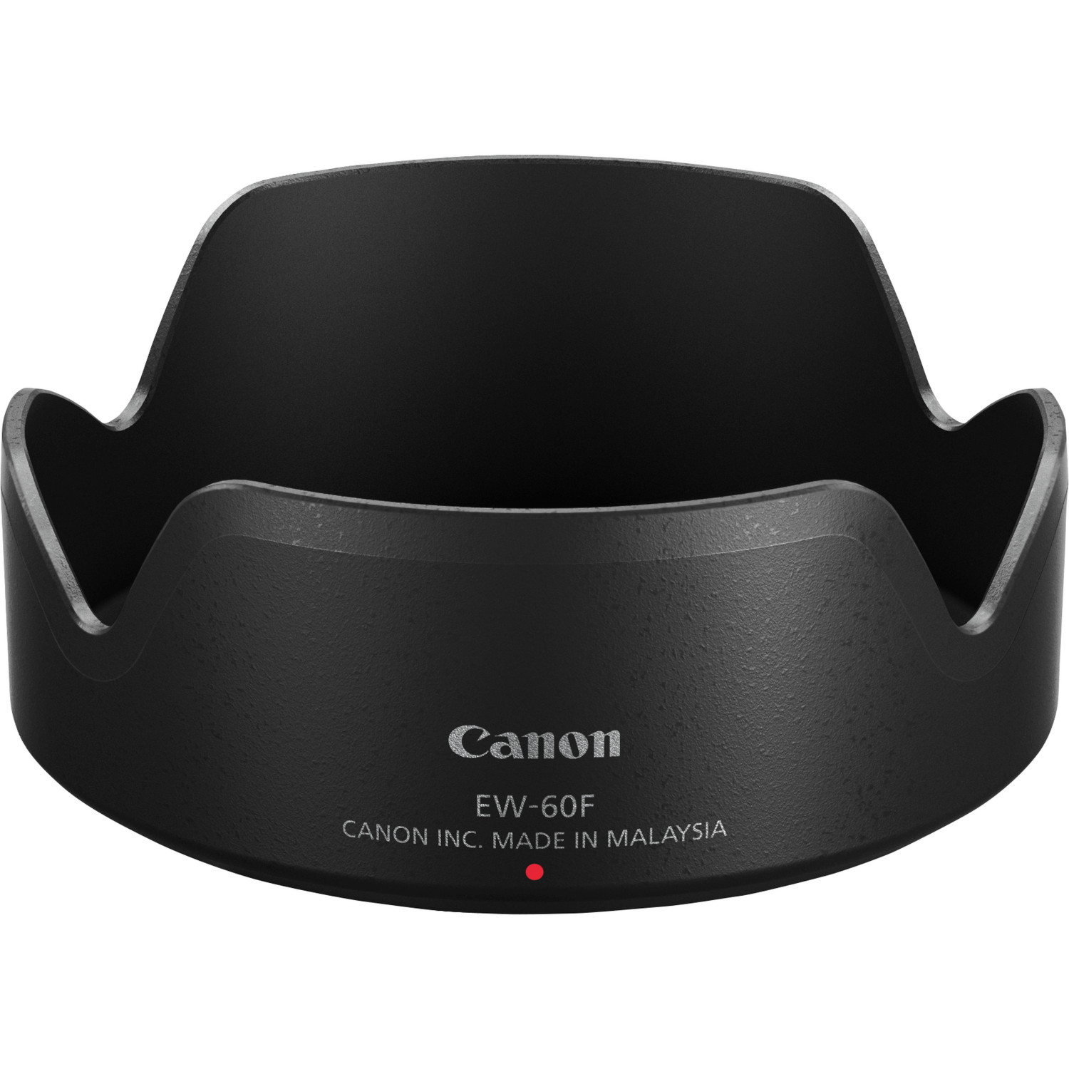 Pare-soleil noir avec la marque 'Canon'. Forme incurvée, finition mate et point rouge.
