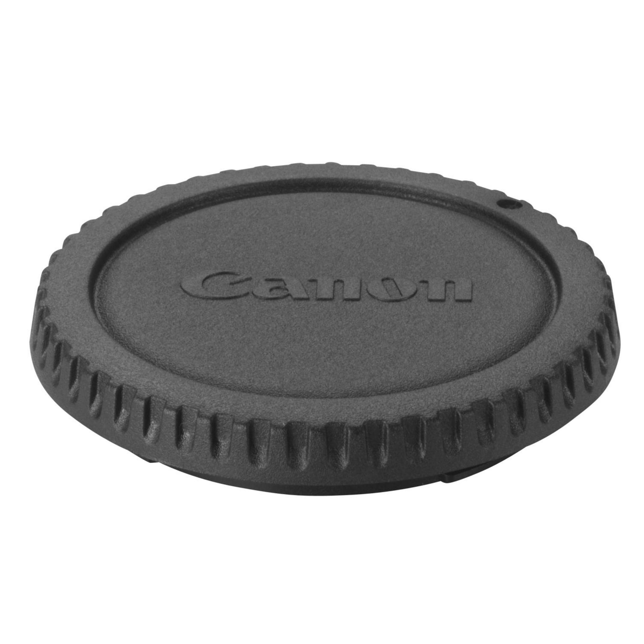 Tappo obiettivo Canon nero. Il logo Canon è al centro.