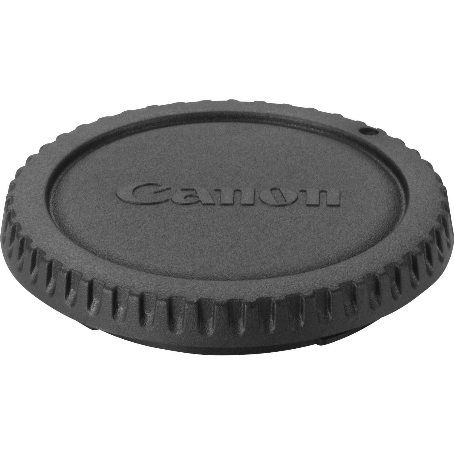 Un tappo per obiettivo Canon nero, rotondo con bordo scanalato e logo Canon.