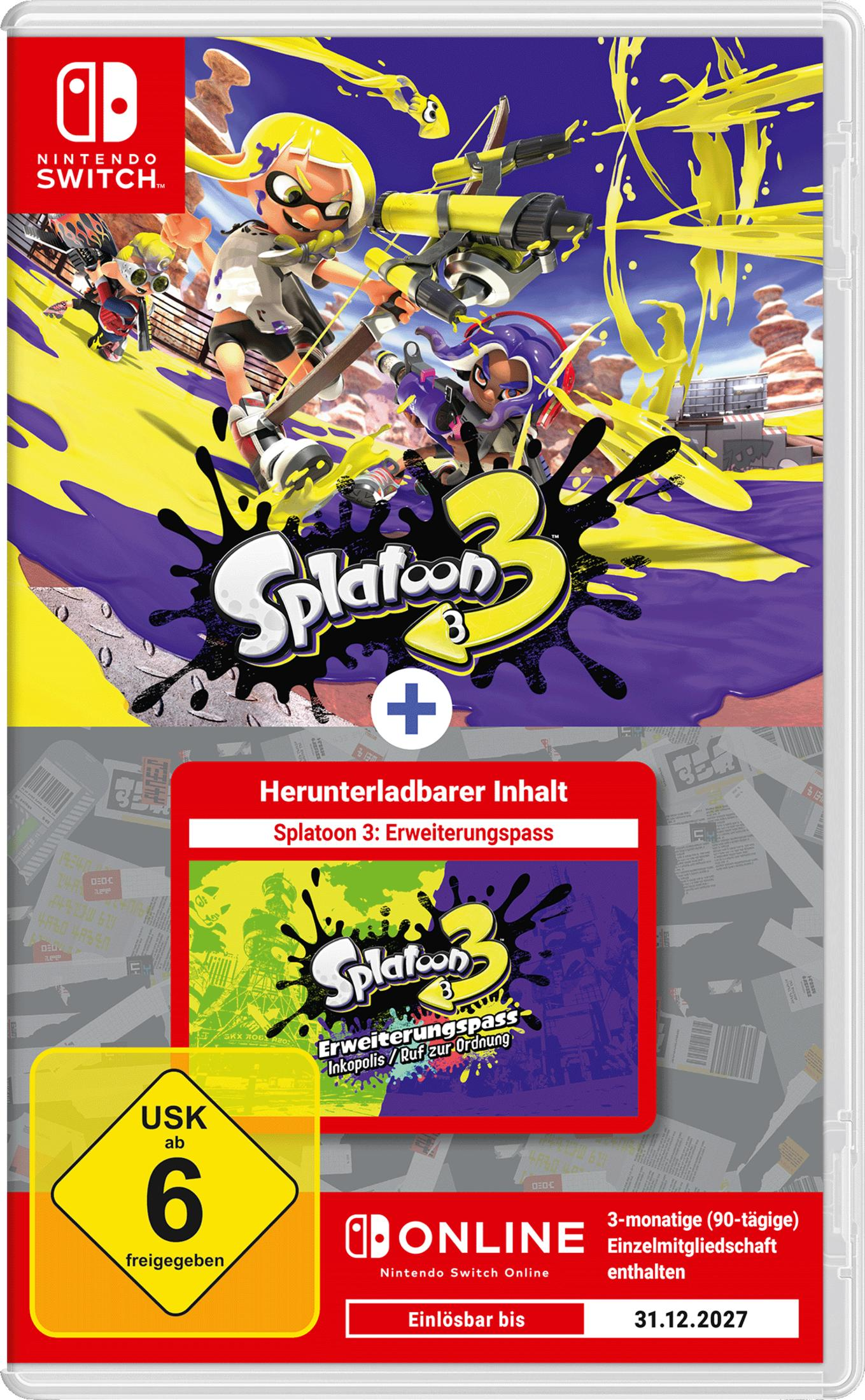 Zestaw pudełka z grą Splatoon 3. Kolorowa grafika, logo Nintendo Switch i dodatkowa zawartość.