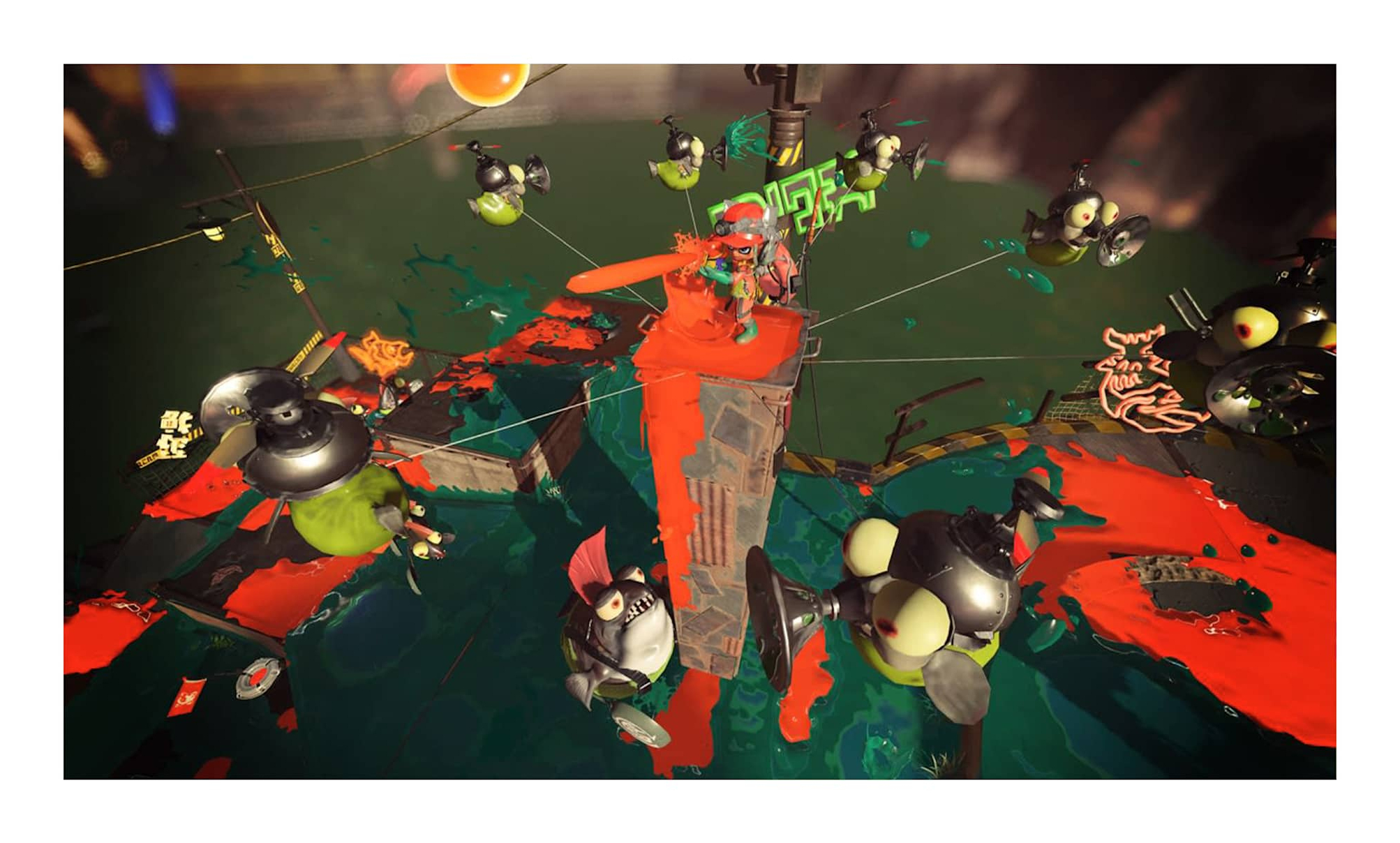 Zrzut ekranu z gry wideo. Pokazuje scenę z walczącymi postaciami, tuszem i jasnymi kolorami.