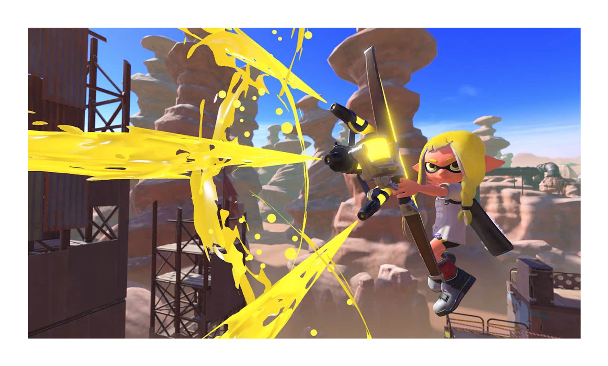 Zrzut ekranu z gry wideo z postacią z kreskówki strzelającą żółtą substancją.