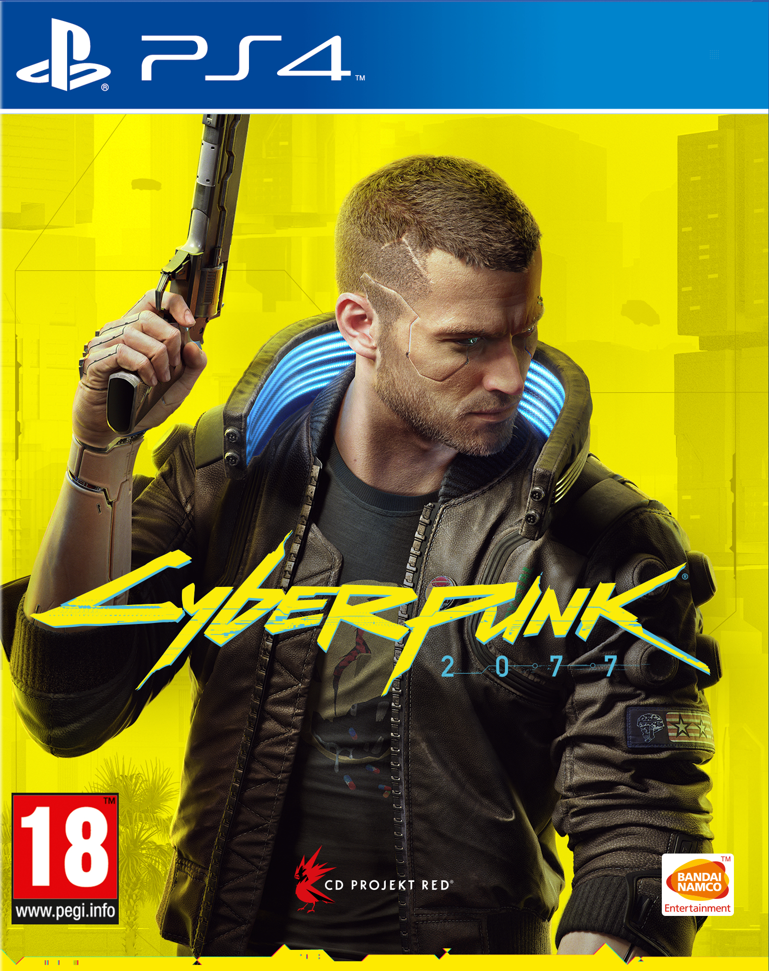 Okładka gry Cyberpunk 2077 z mężczyzną z pistoletem i logo PS4.