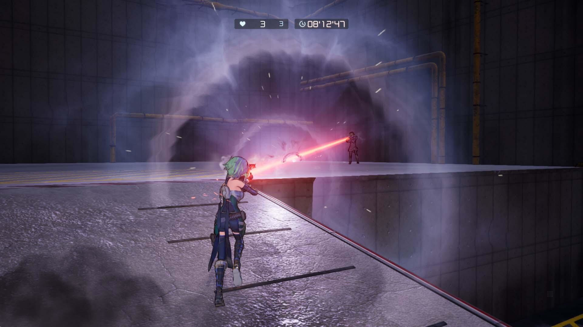 Scena z gry, w której postać strzela laserem do innej postaci w ciemnym pokoju.