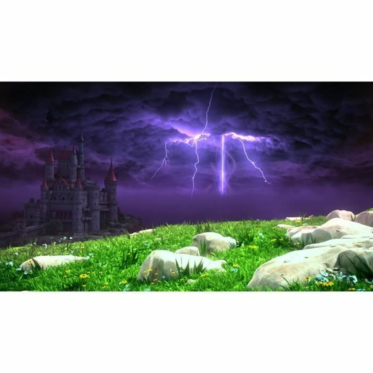 Zamek na wzgórzu pod fioletowym niebem z błyskawicami. Zielona trawa i skały na pierwszym planie.