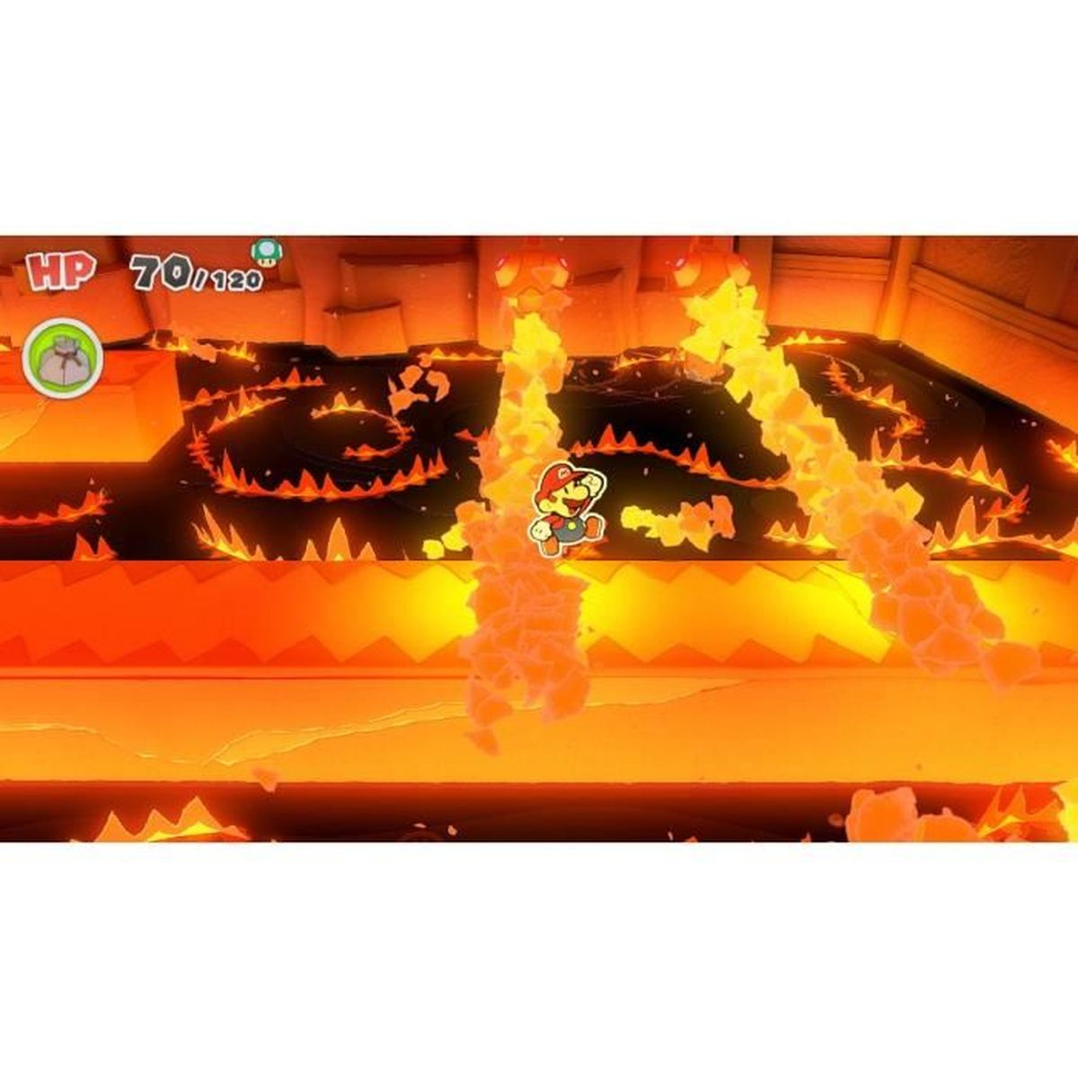 Scena z gry pokazuje postać przeskakującą nad lawą. Pasek HP jest widoczny w lewym górnym rogu.