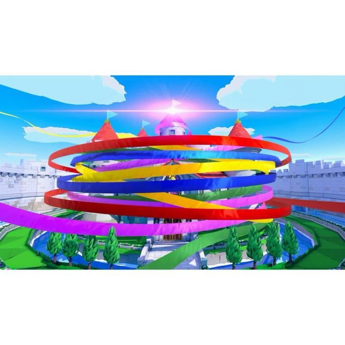 Scena z gry z kolorowymi wstążkami wijącymi się wokół budynku na tle błękitnego nieba.