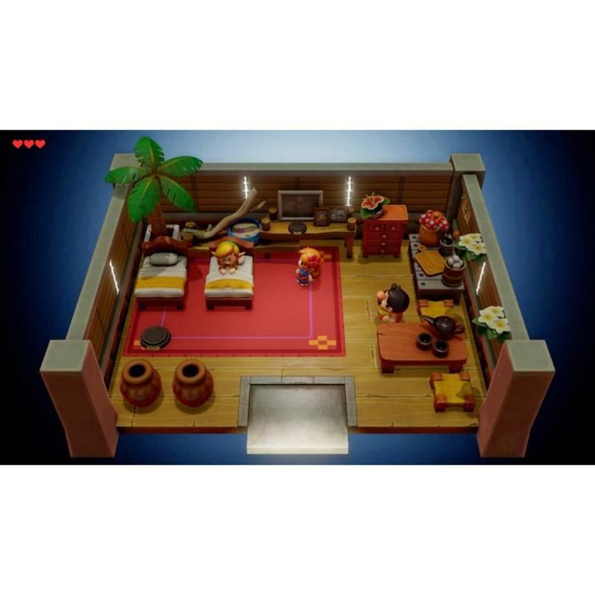 Widok z góry na pokój z kreskówek. W pokoju znajdują się dwie postacie, które mają meble i dekoracje.