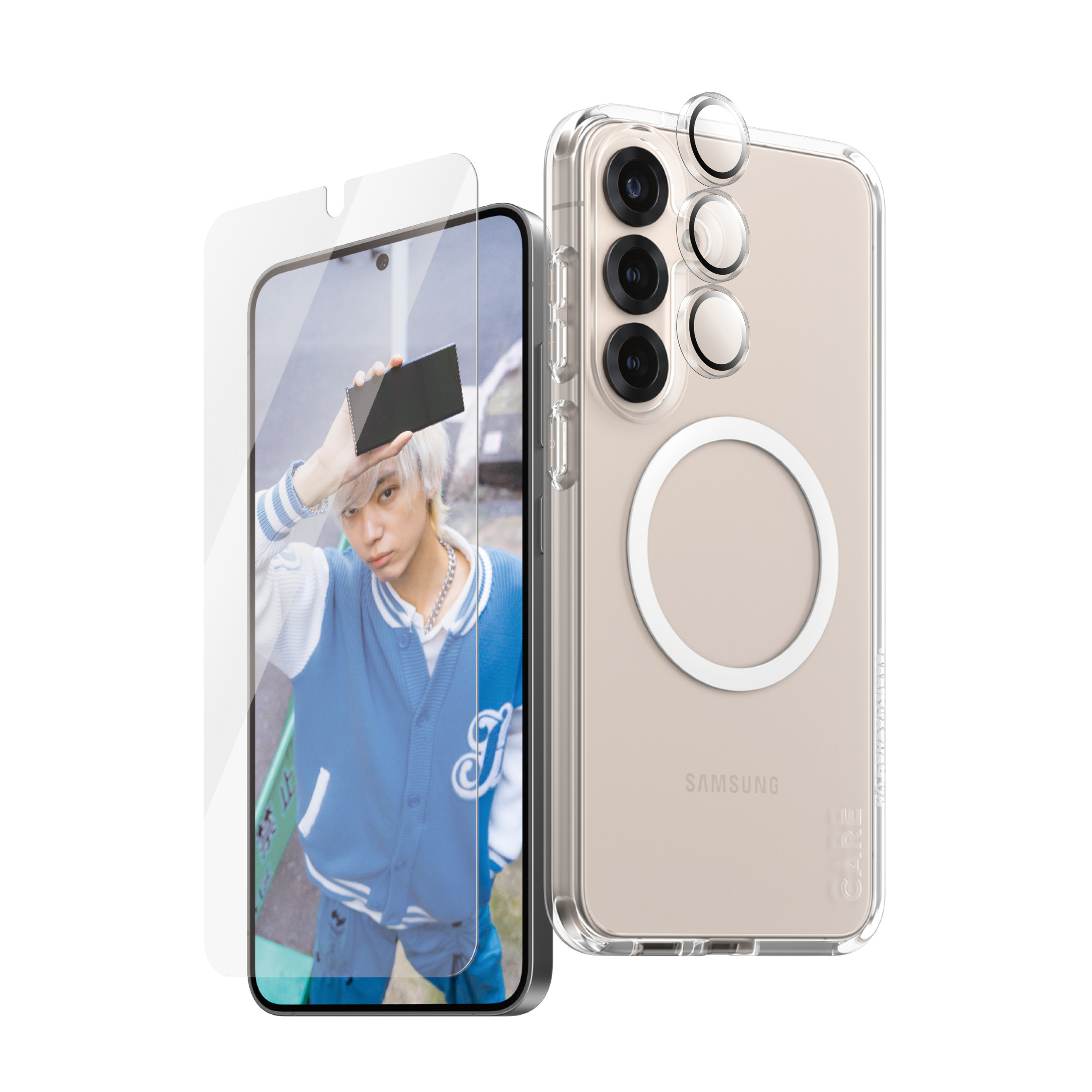 Smartfon z osłoną ekranu i przezroczystym etui z uchwytem na pierścień.