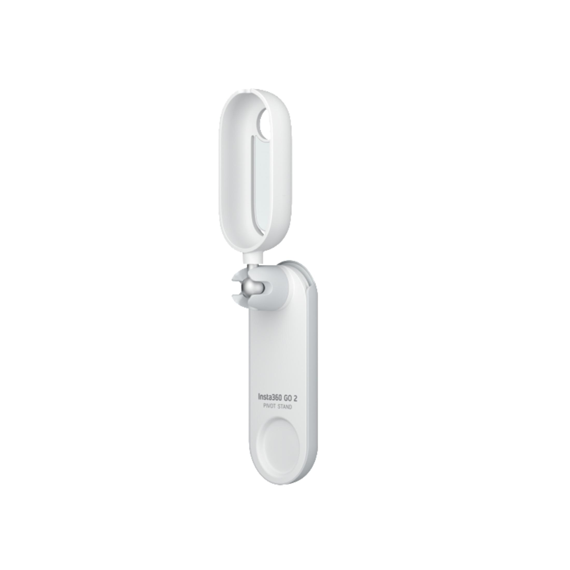 Supporto a perno bianco Insta360 GO 2. È realizzato in plastica e ha un giunto a perno.