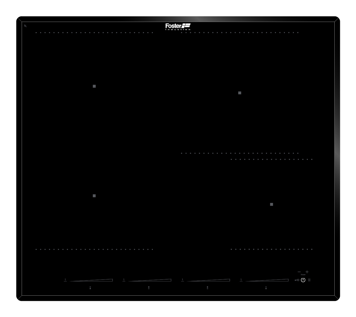 Black induction cooktop with four burners and a Foster Induction logo.