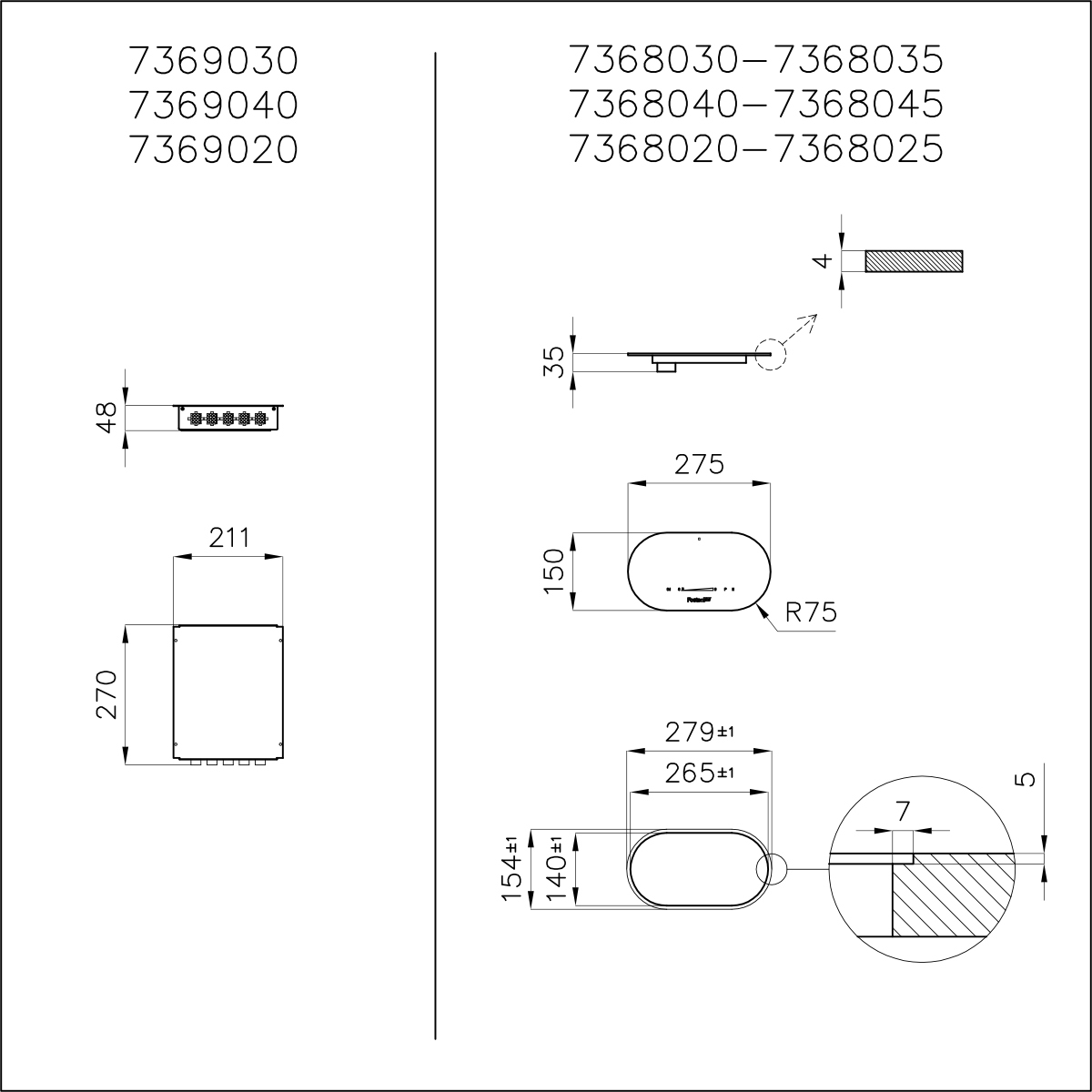 Disegno tecnico con misure di vari componenti di elettrodomestici da cucina.