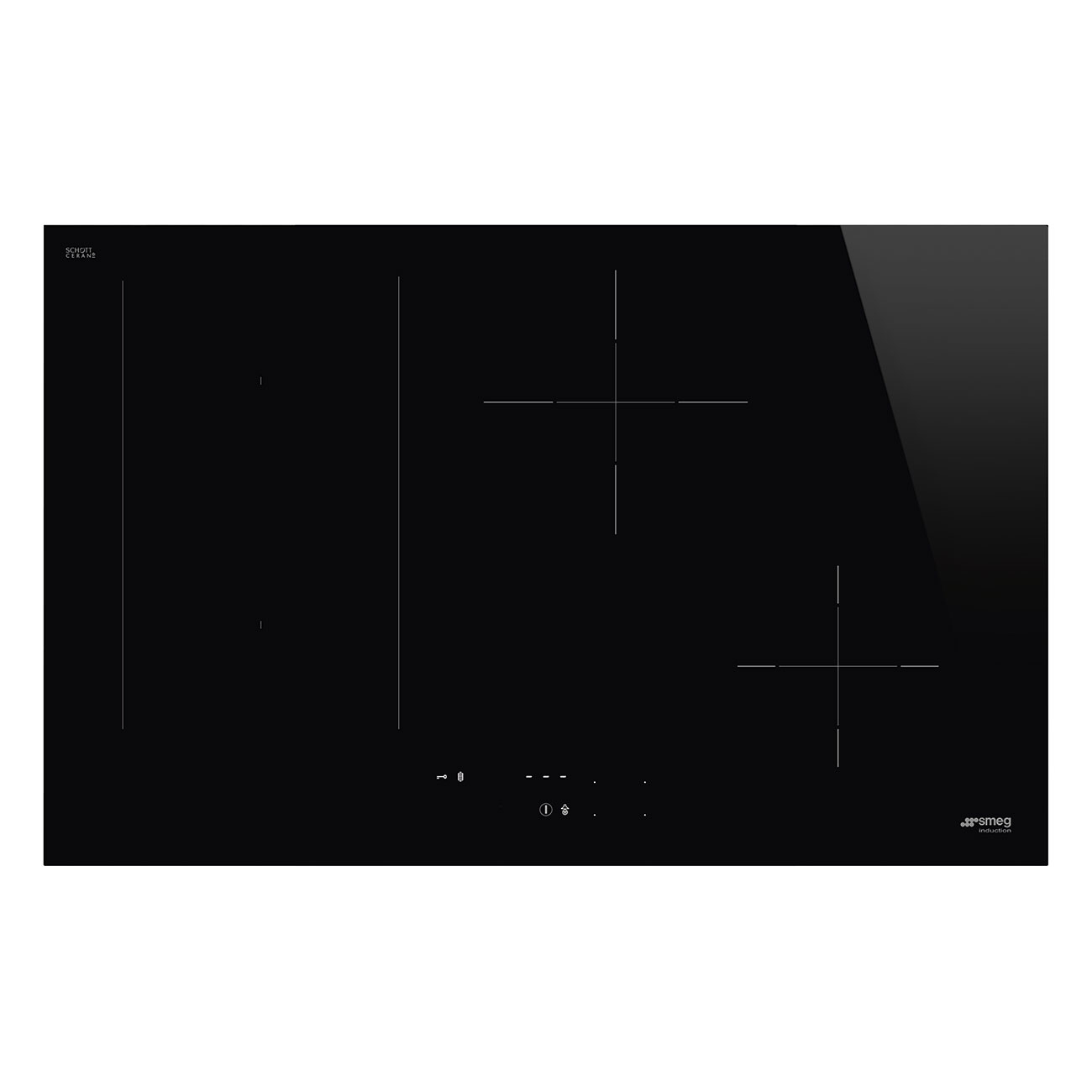 Piano cottura a induzione nero con quattro zone di cottura e comandi touch. Logo del marchio Smeg visibile.
