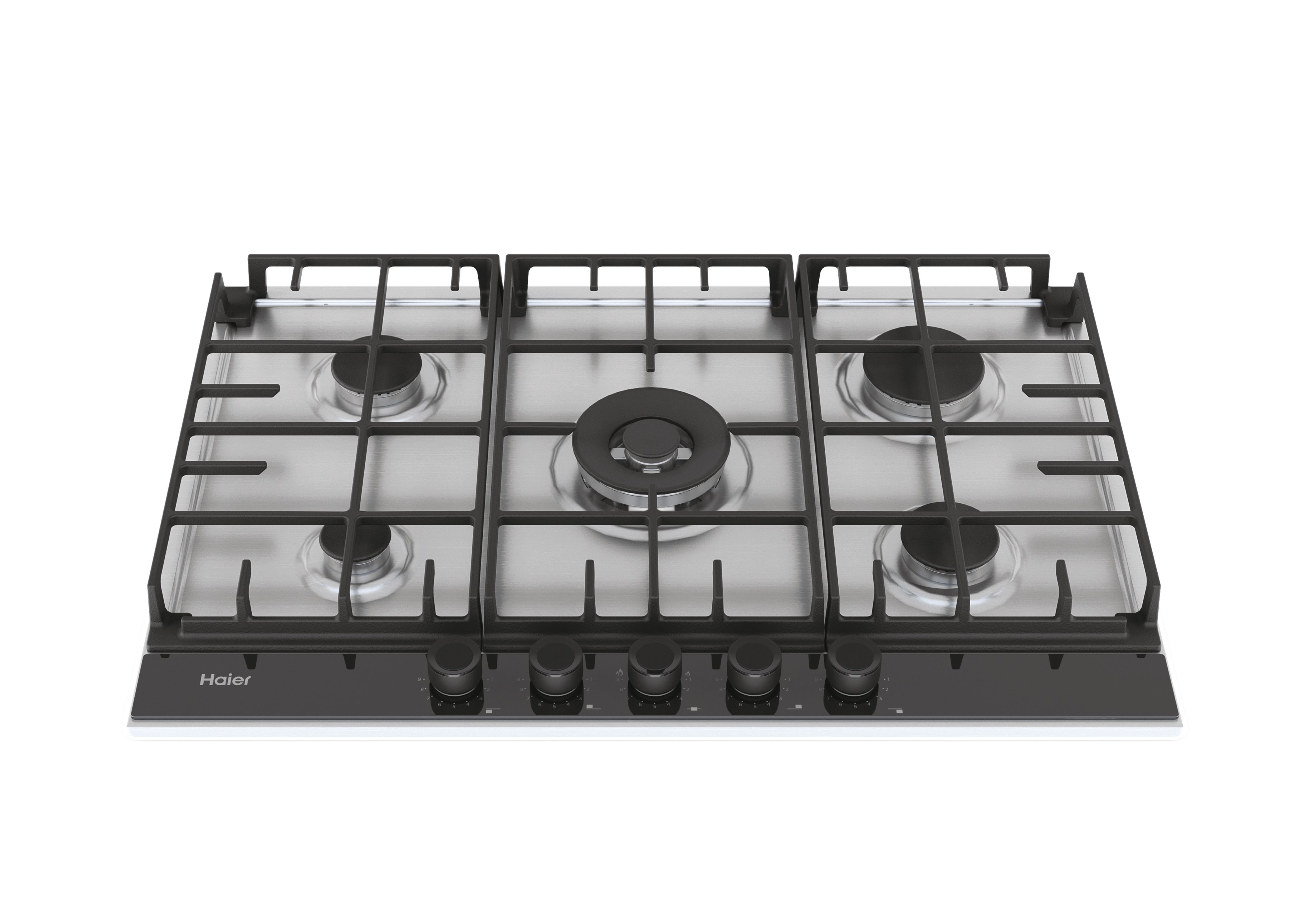 Piano cottura a gas con cinque fuochi, griglia e manopole, marchio Haier.