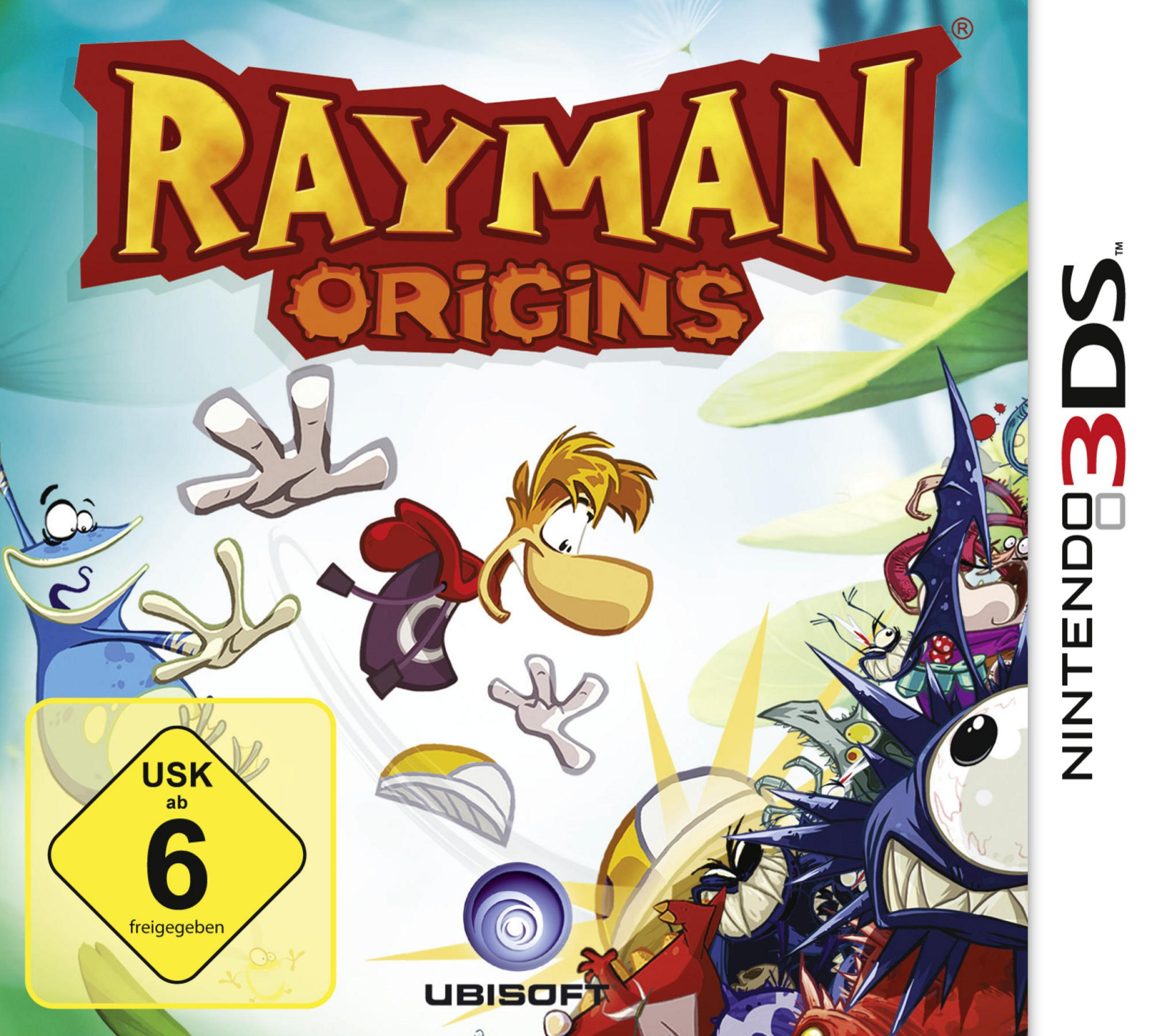 Spiel-Box-Art für Rayman Origins auf Nintendo 3DS mit bunten Charakteren und Logo.
