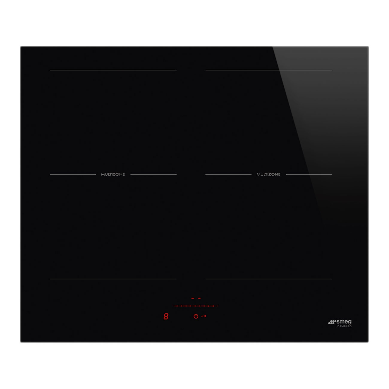 Piano cottura a induzione nero con quattro zone di cottura e comandi touch. Il marchio è Smeg.