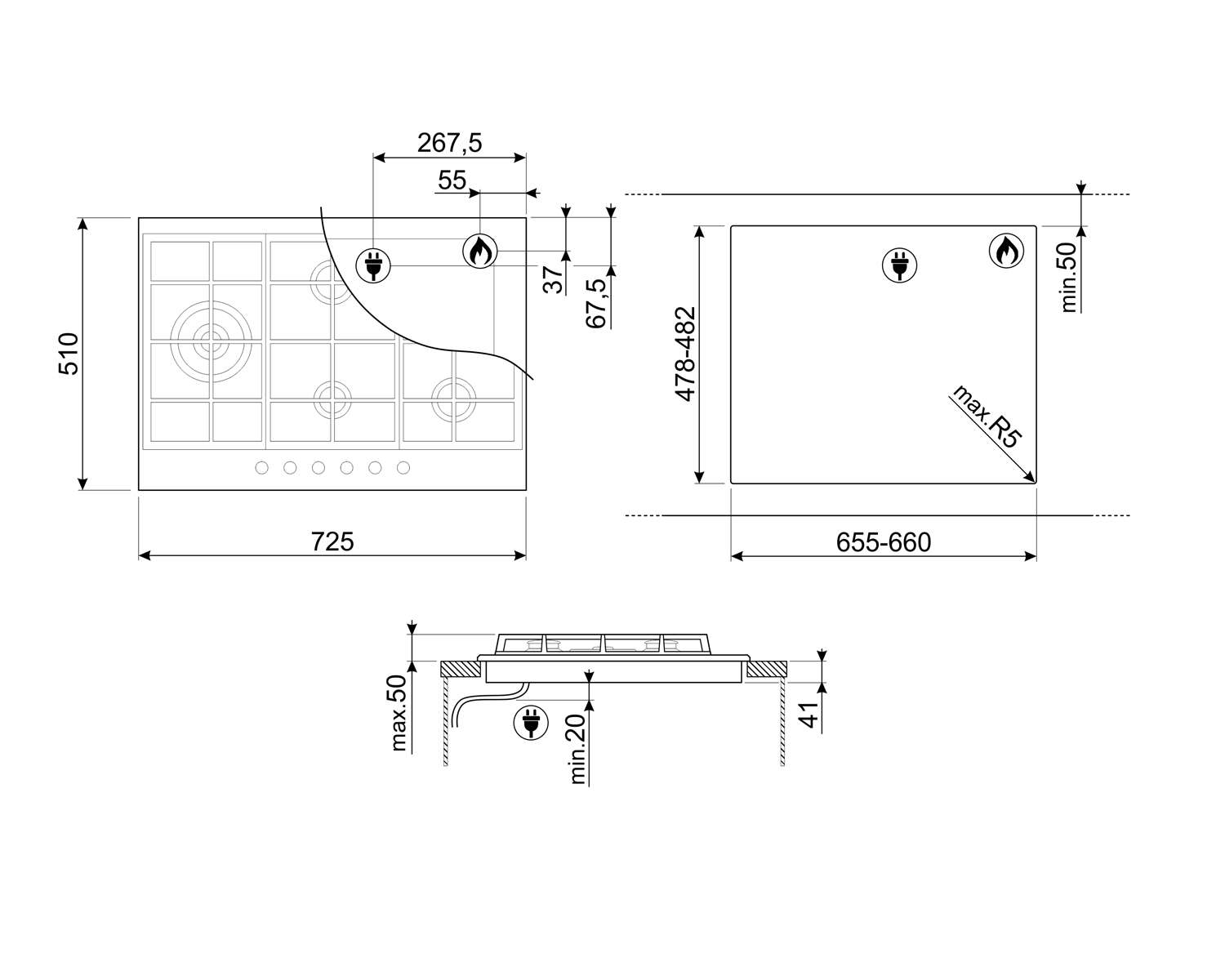 Disegno tecnico di un piano cottura con dimensioni e specifiche su sfondo bianco.