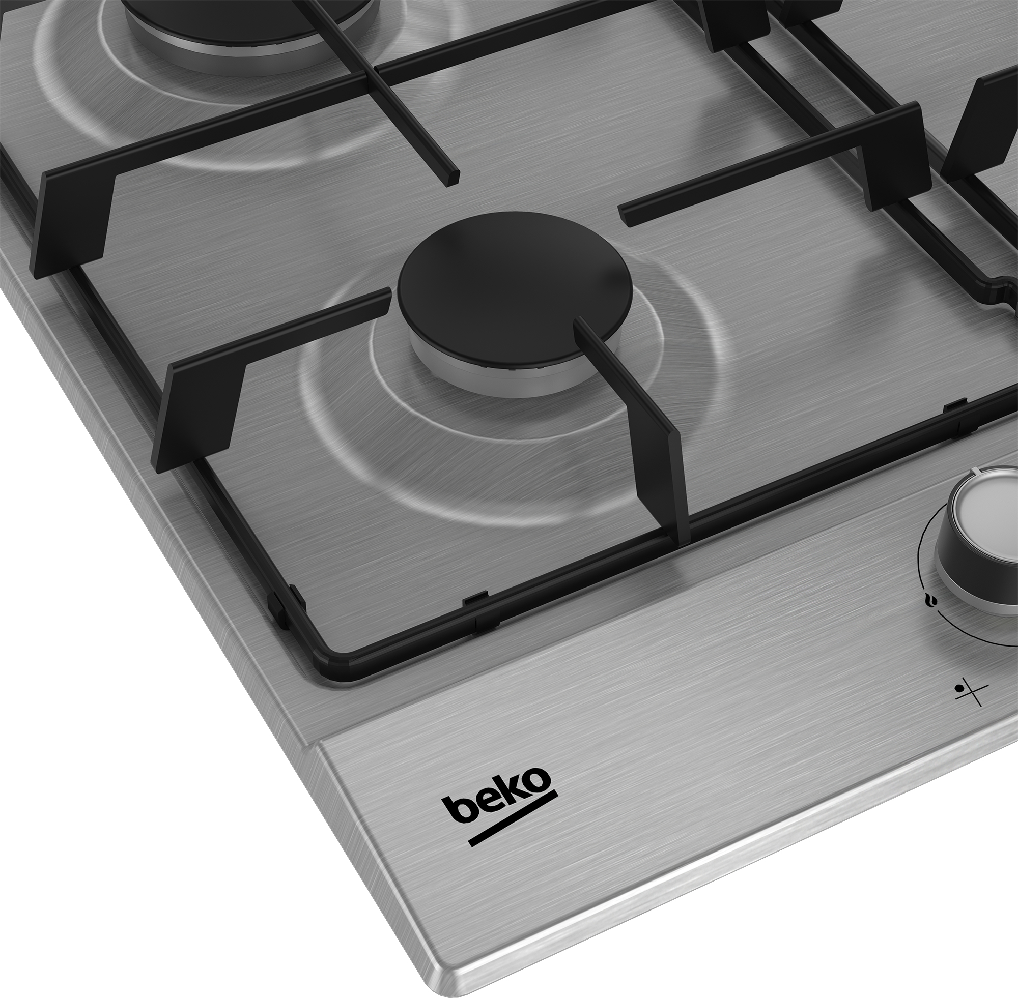 Primo piano di un piano cottura in acciaio inox con griglie nere e una manopola. Il logo beko è visibile.