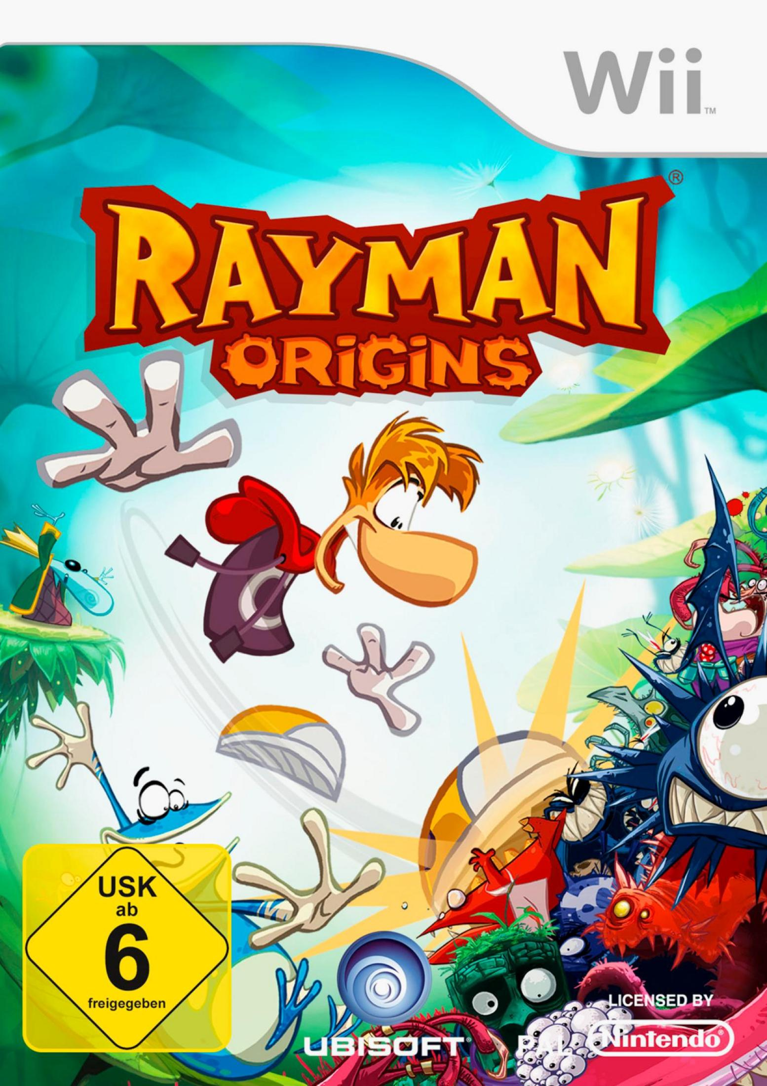 Rayman Origins Wii-Spielbox. Das Cover zeigt Rayman und andere Charaktere in leuchtenden Farben.