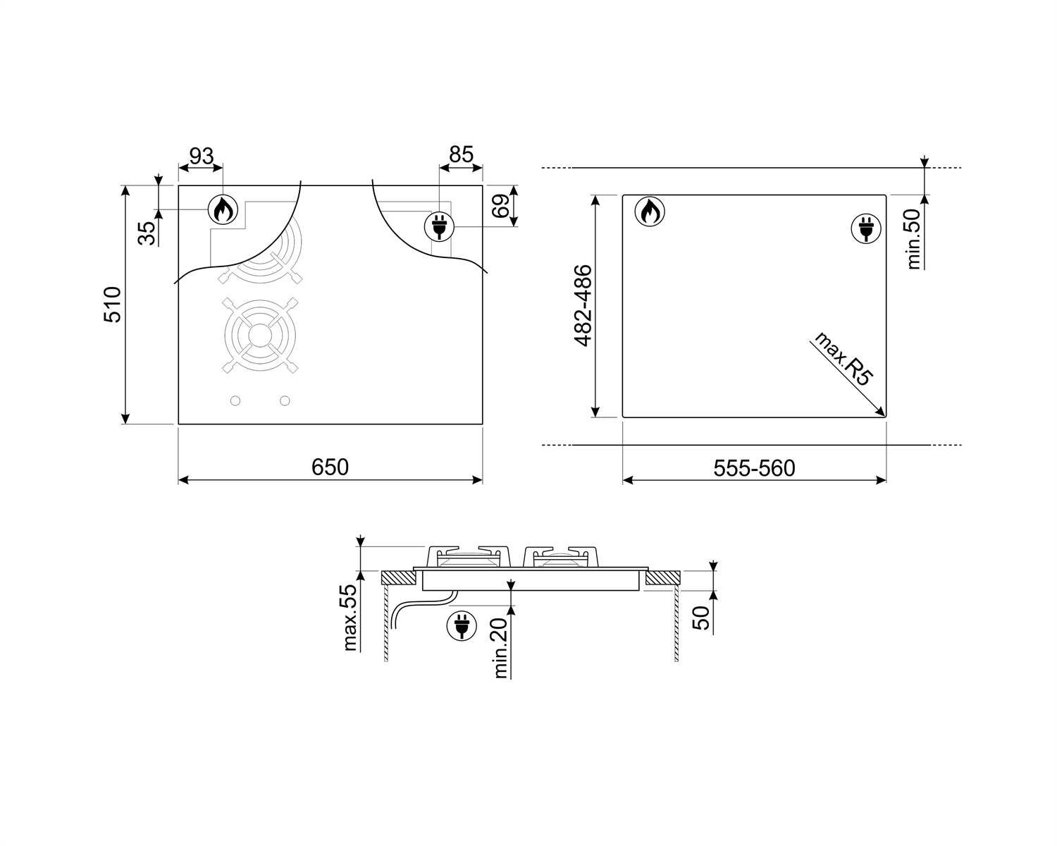 Dibujo técnico de una placa de cocción que muestra dimensiones en milímetros y detalles de corte.