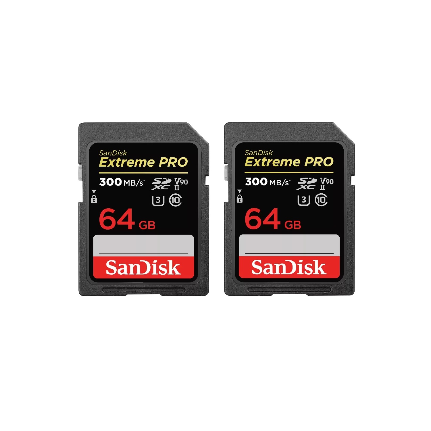 Dos tarjetas SD SanDisk Extreme PRO de 64 GB de color negro sobre un fondo blanco. Cada tarjeta tiene texto.