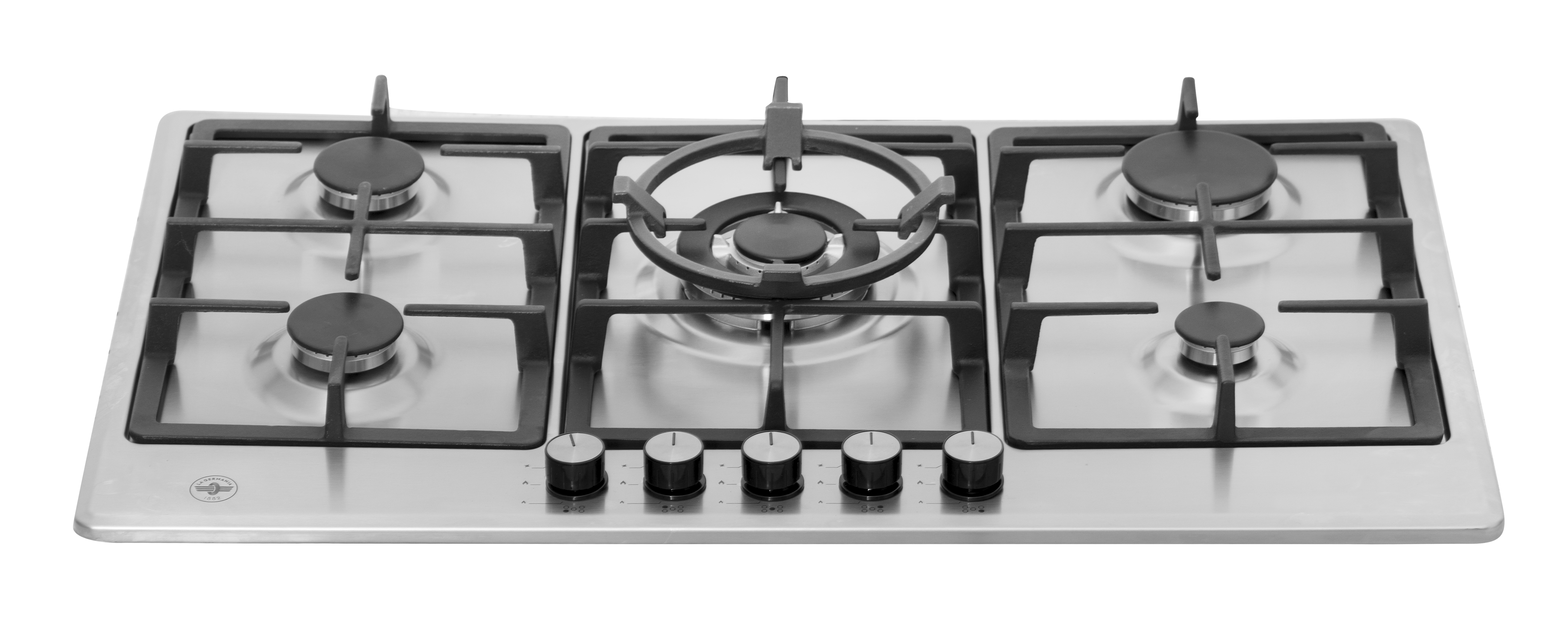 Płyta gazowa ze stali nierdzewnej z pięcioma palnikami i pokrętłami.