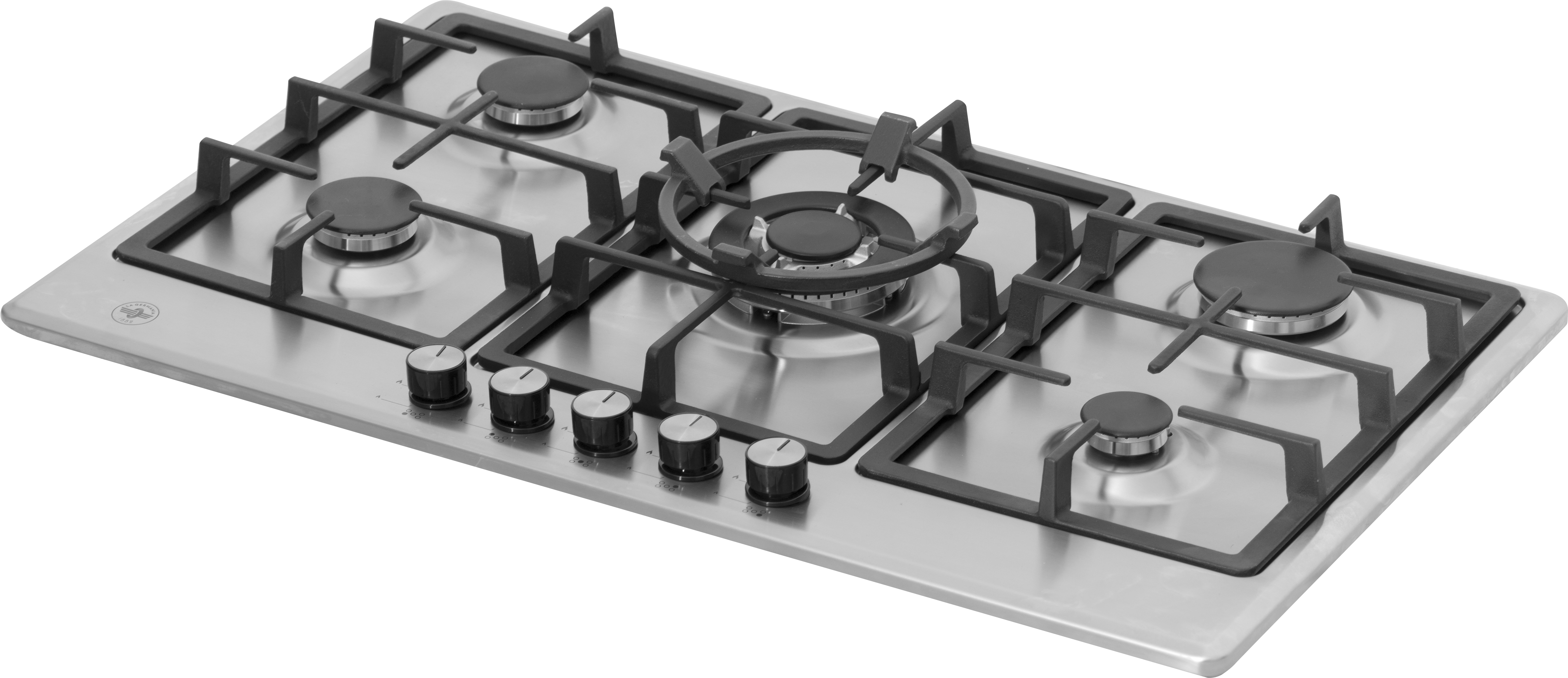 Płyta gazowa ze stali nierdzewnej z pięcioma palnikami i pokrętłami.
