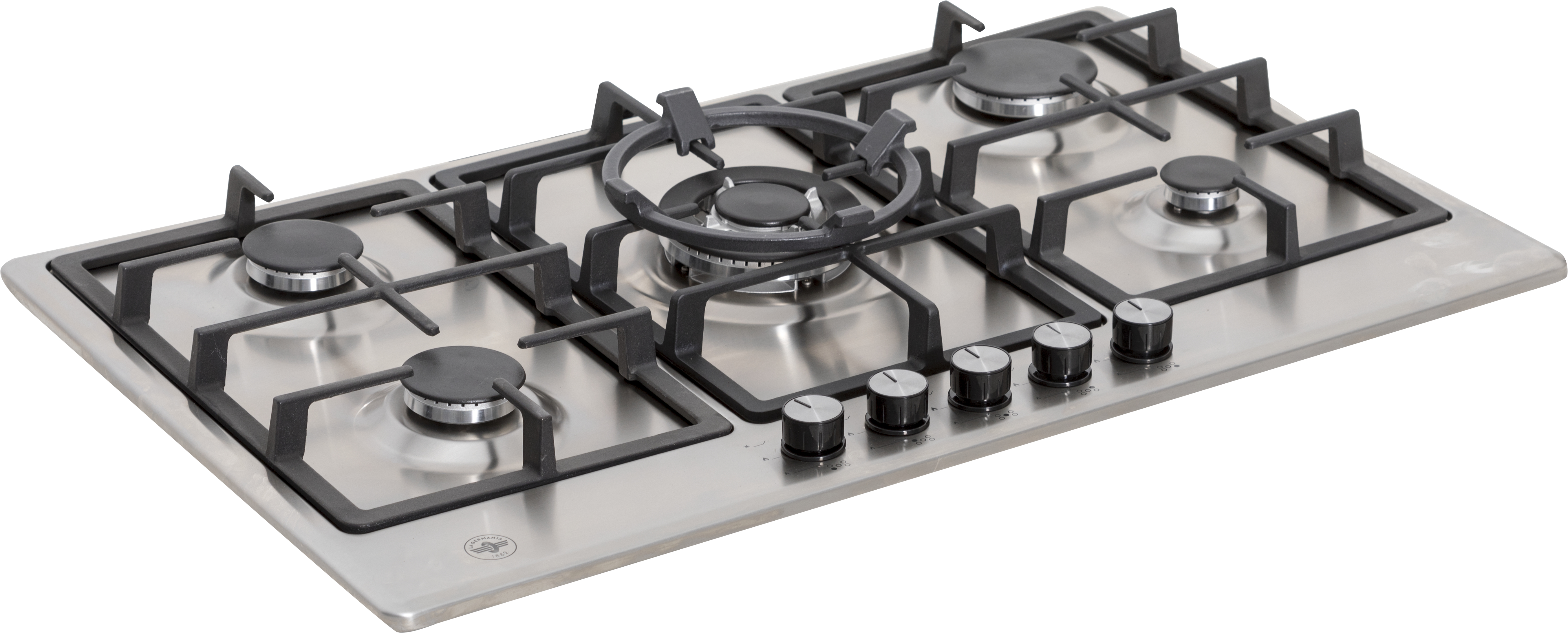 Płyta gazowa ze stali nierdzewnej z pięcioma palnikami i pokrętłami.